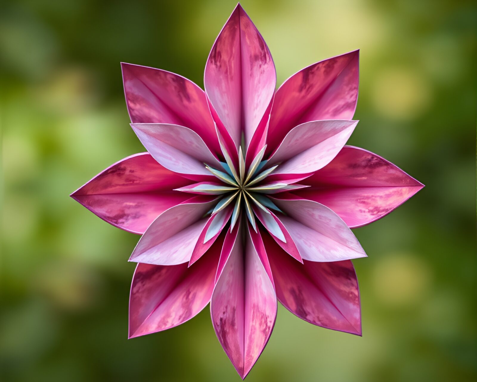 Origami flower reflected twice in artistic collage style