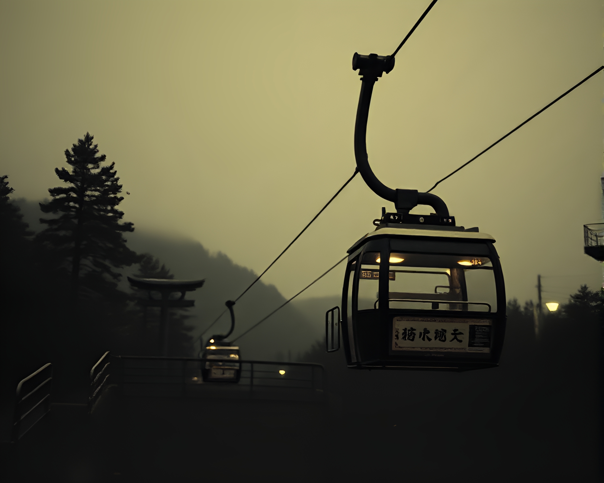 Gondola Lift in Mysterious Telephoto Woodblock Print – free AI stock image