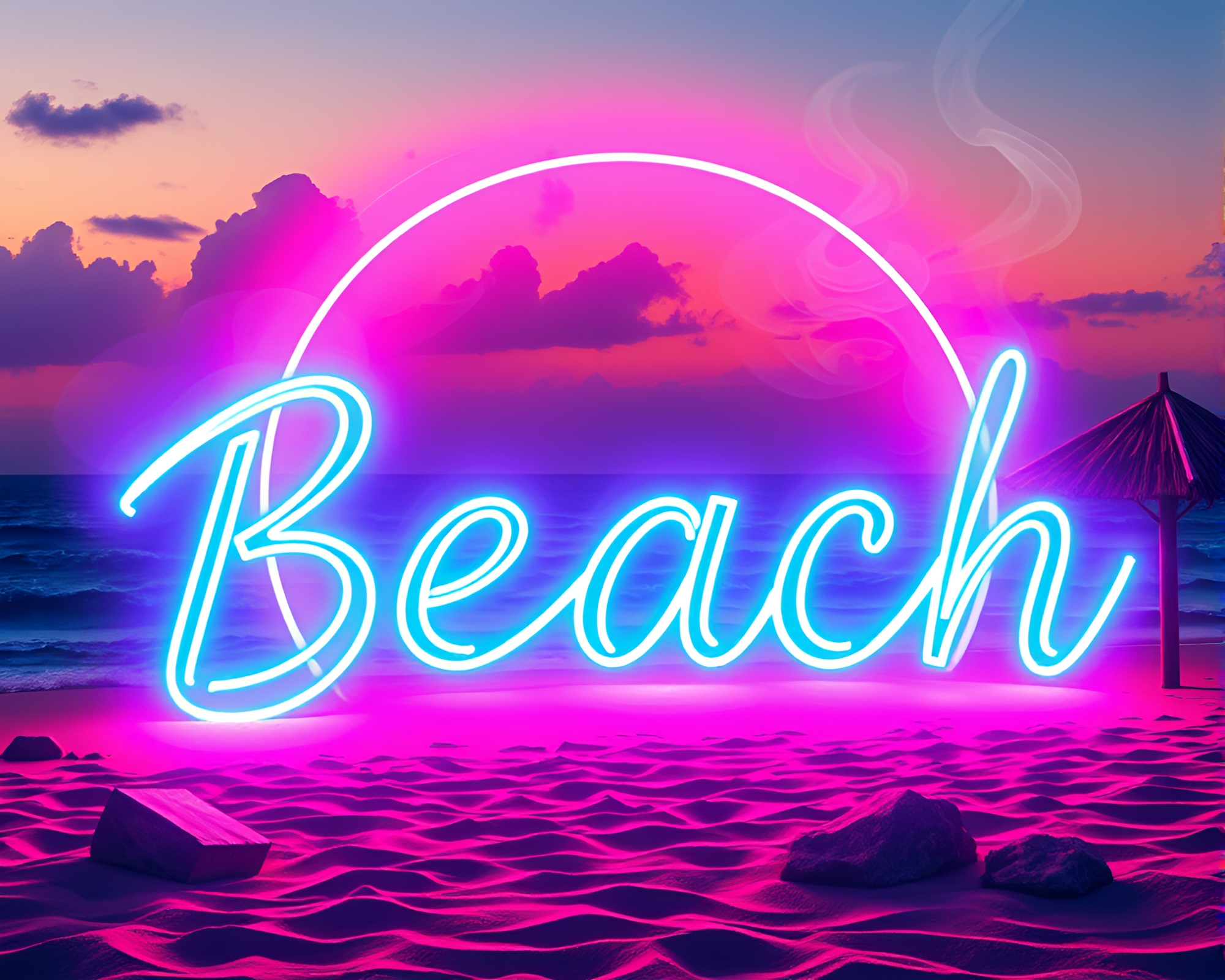 Glowing Smoke Rings: Neon Beach Escape – free AI stock image