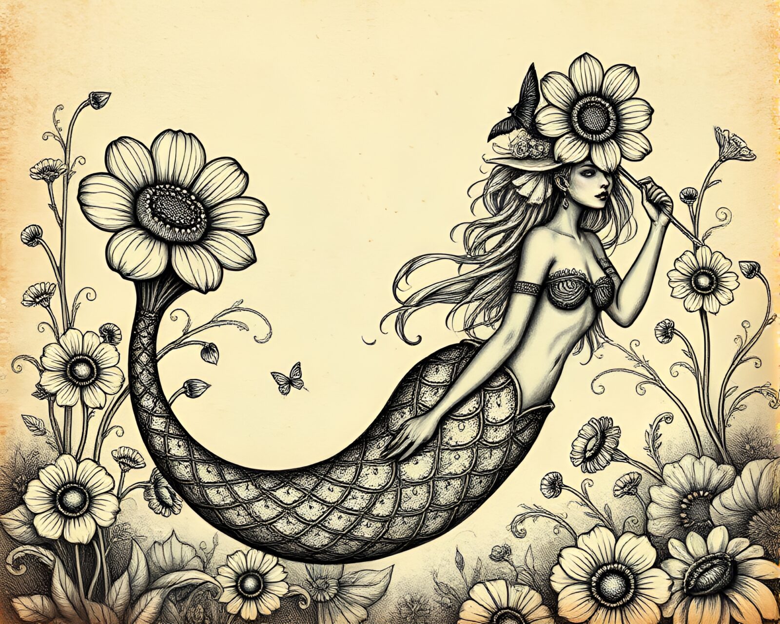 A mermaid in a mechanized underwater world, etched digitally.