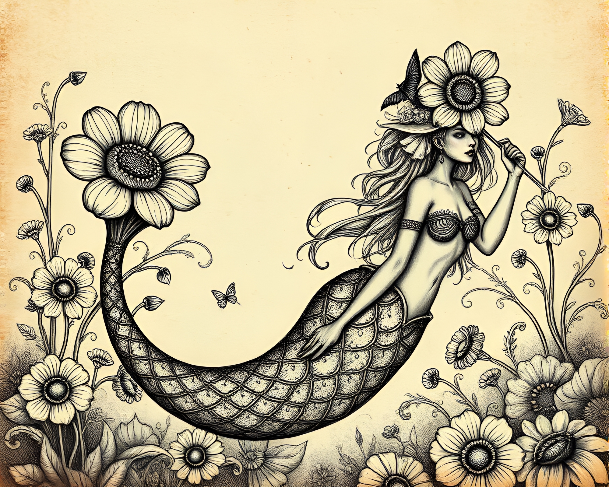 Steampunk Mermaid in Digital Etched Lines – free AI stock image