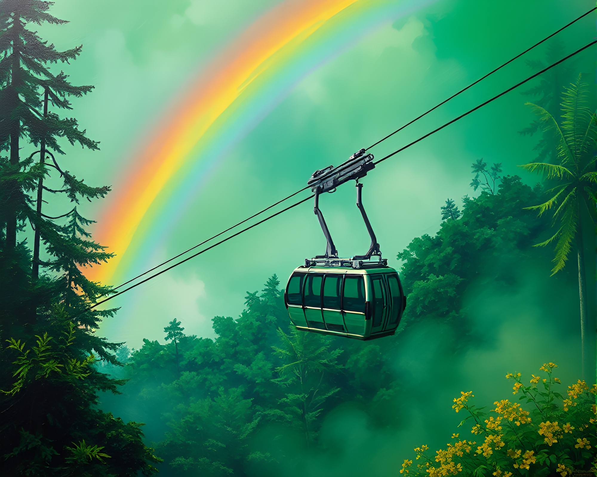 Oil Slick Rainbow Gondola Lift in Rainforest – free AI stock image