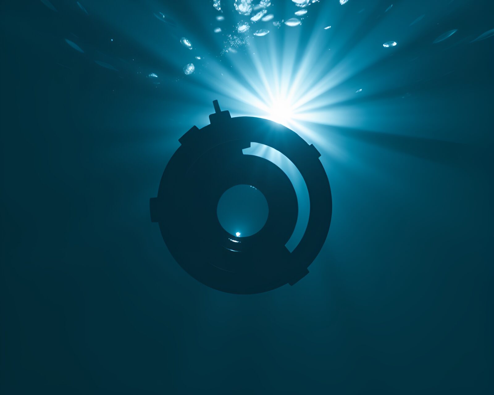 Underwater voxel art submarine with lens sunburst lighting