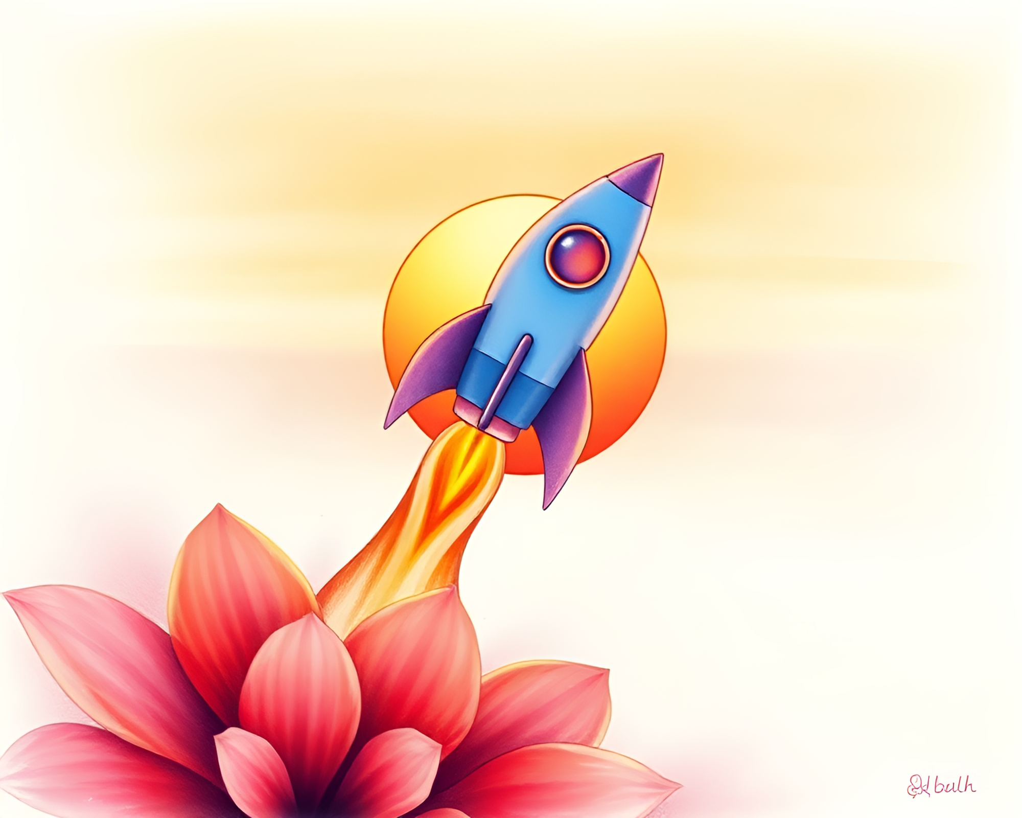 Rocket launching through dreamy sunset amidst flower petals – free AI stock image