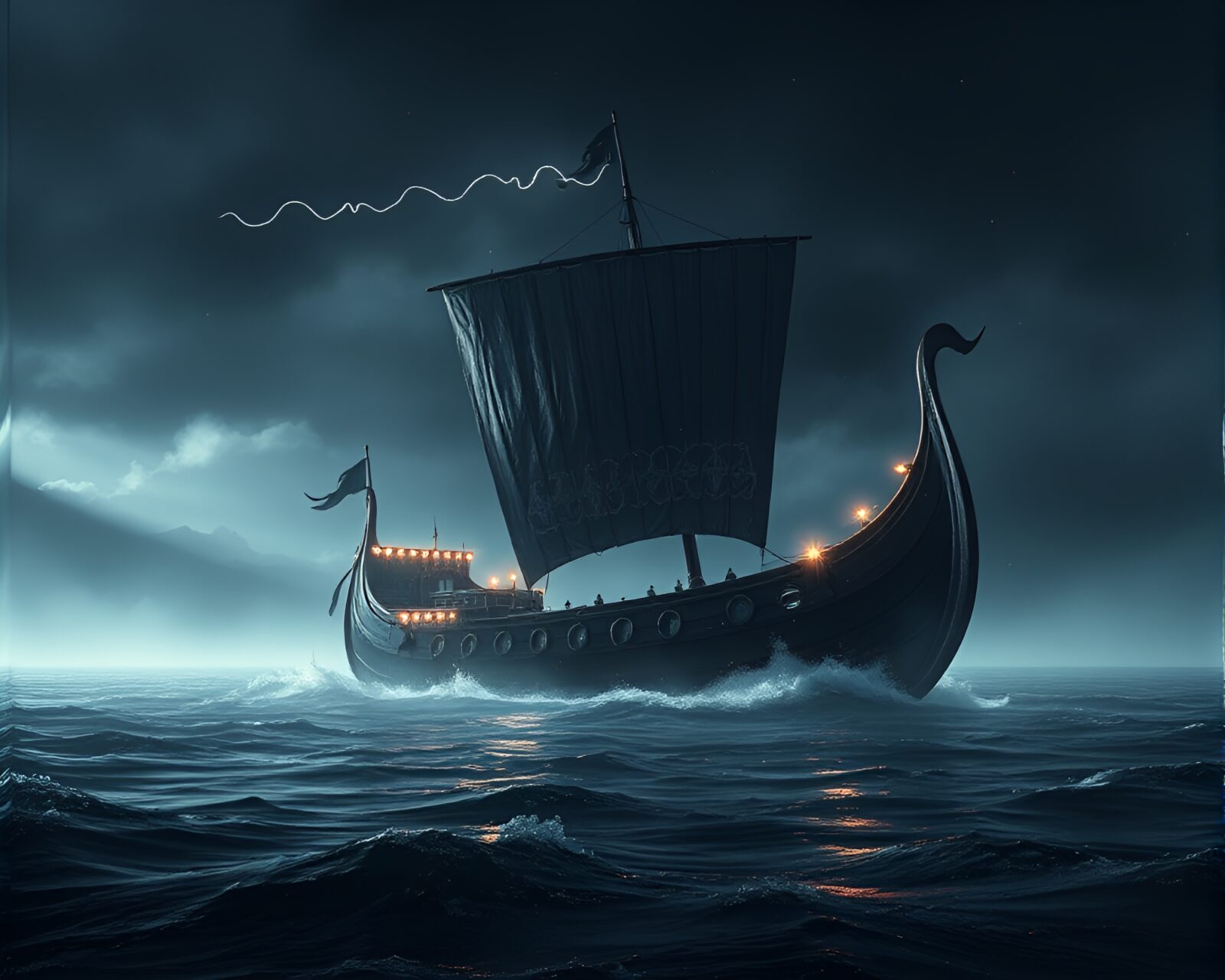 Dark AI-generated Viking longship amidst ethereal light leaks