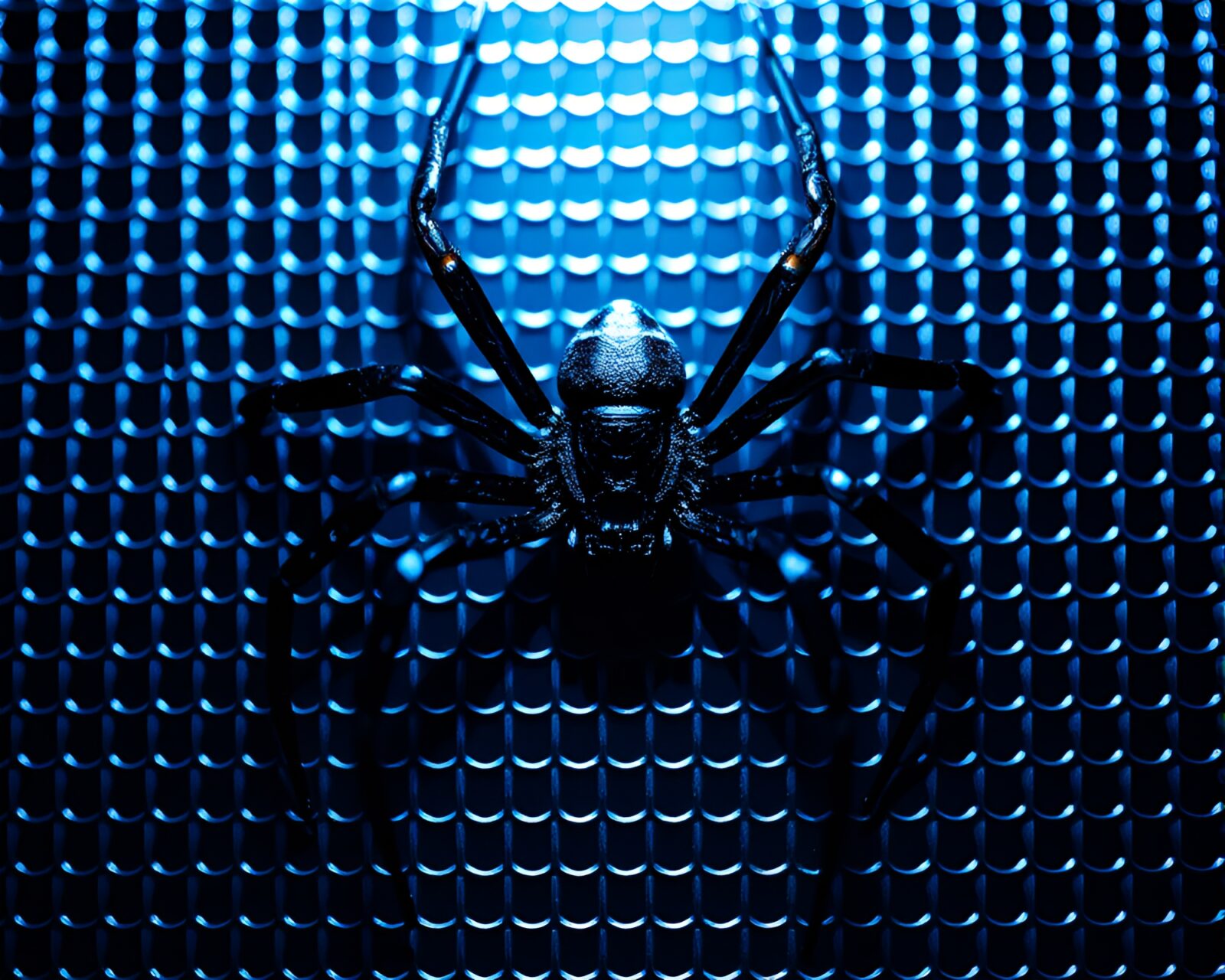 Glowing mechanical spider in futuristic grid design