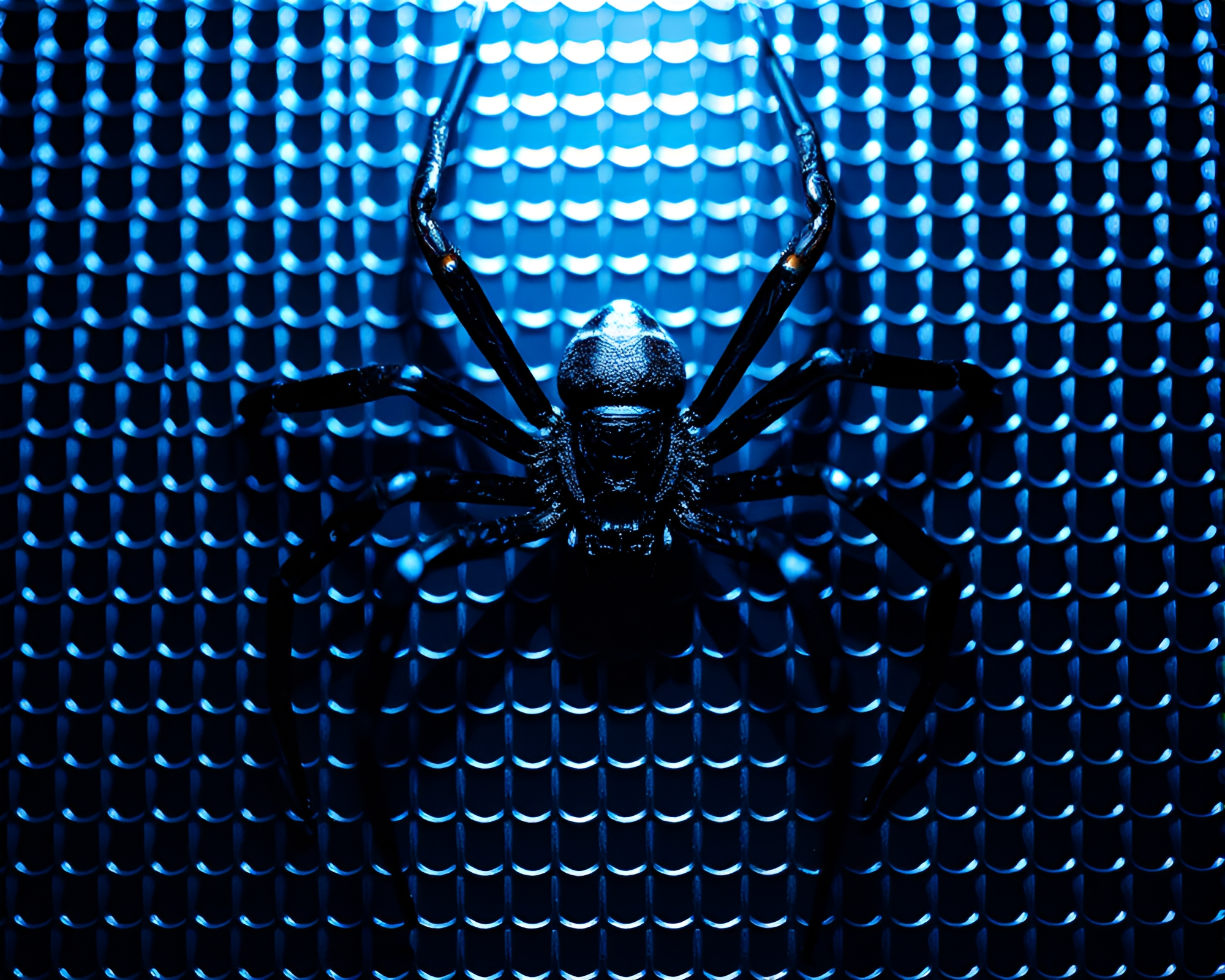 Mechanical Spider in Steel-Blue Halftone Grid – free AI stock image