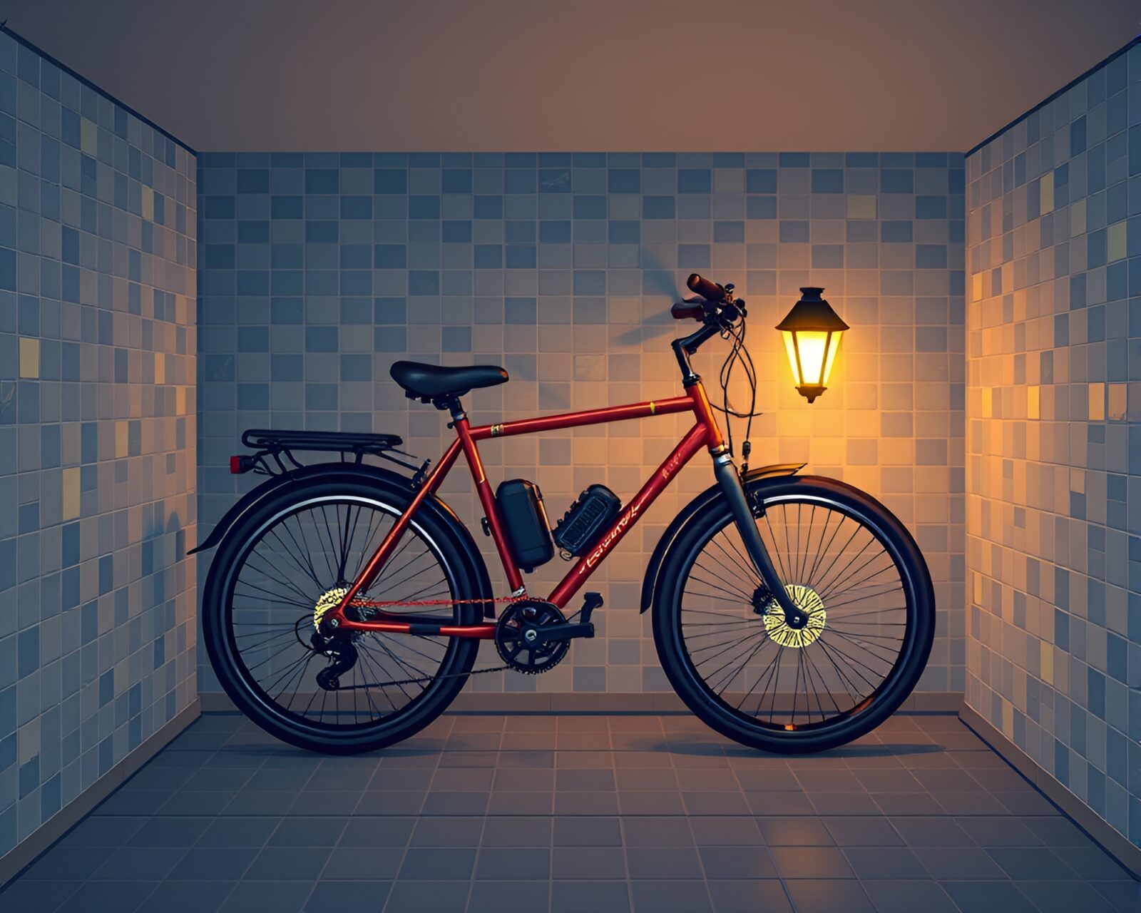 Flat design illustration of solar bike in dimly lit dungeon