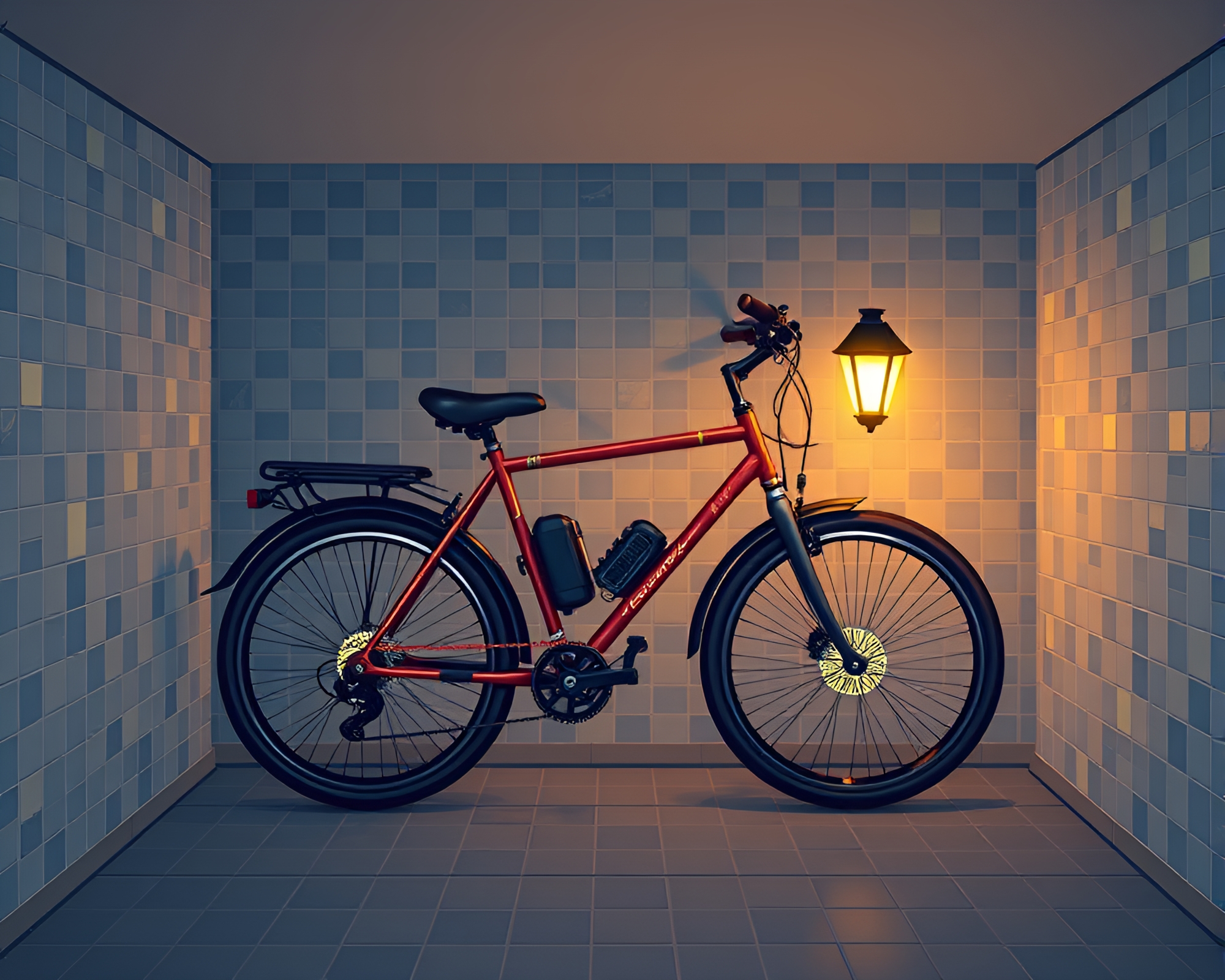 Solar-powered bike in dungeon torchlight mosaic tiling – free AI stock image