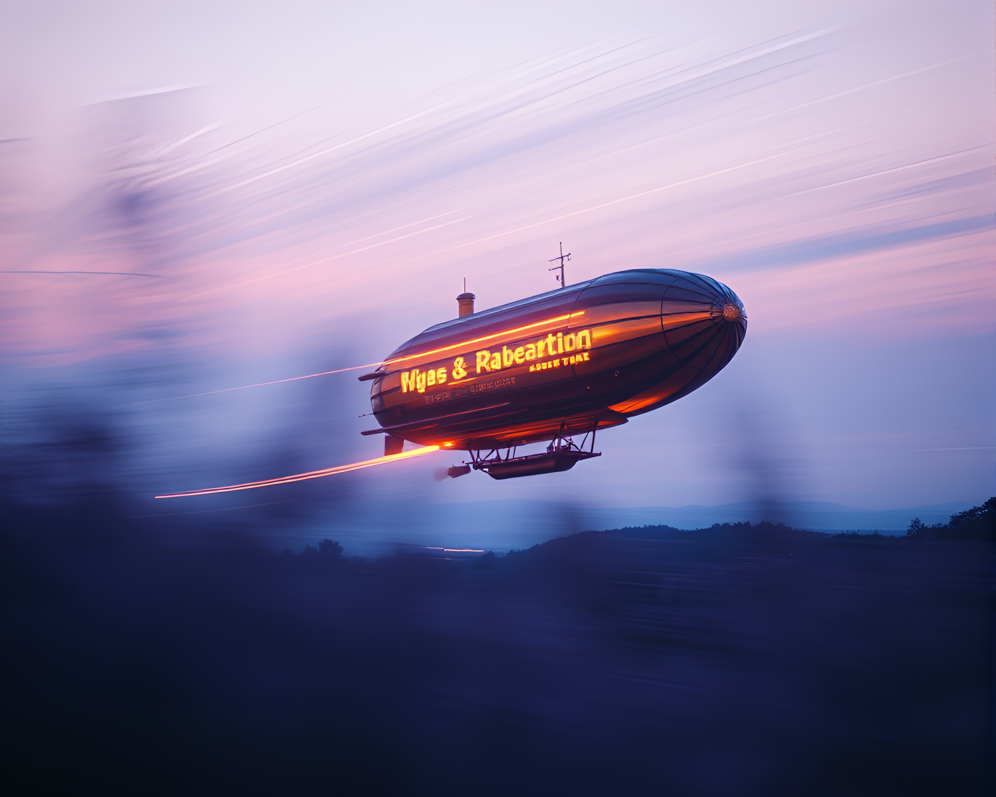 Steampunk Airship Soaring Through Lavender Twilight with Motion Blur – free AI stock image