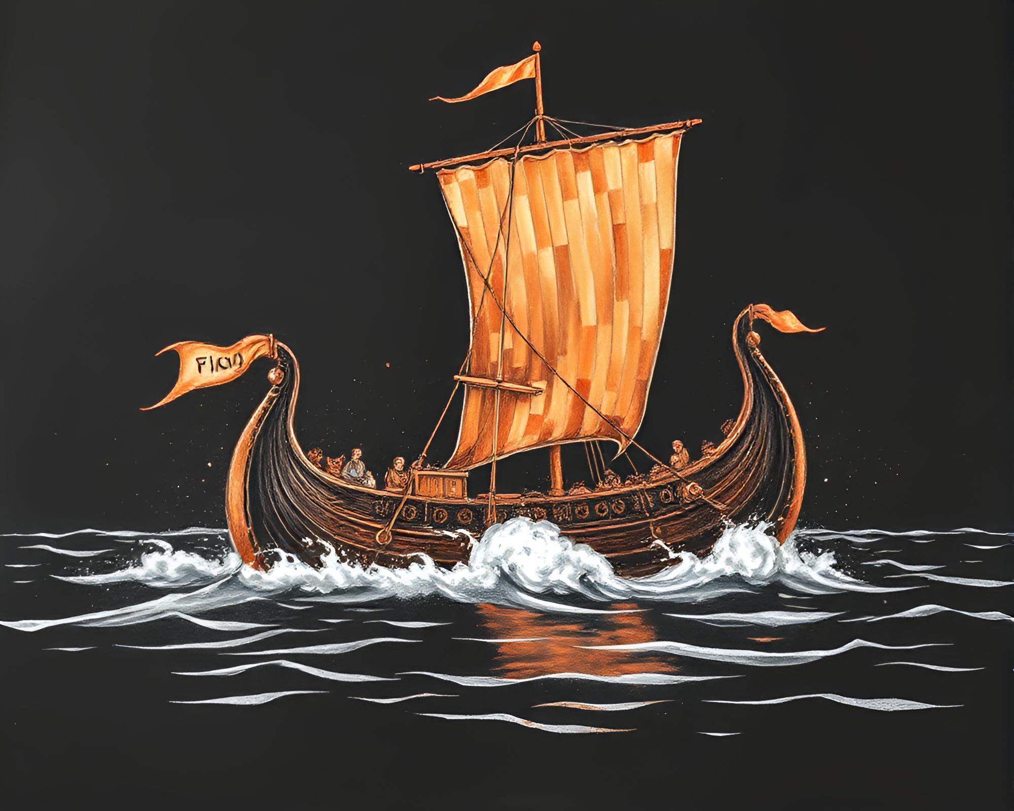 Viking Longship Sailing Through Copper Ink Splashes – free AI stock image
