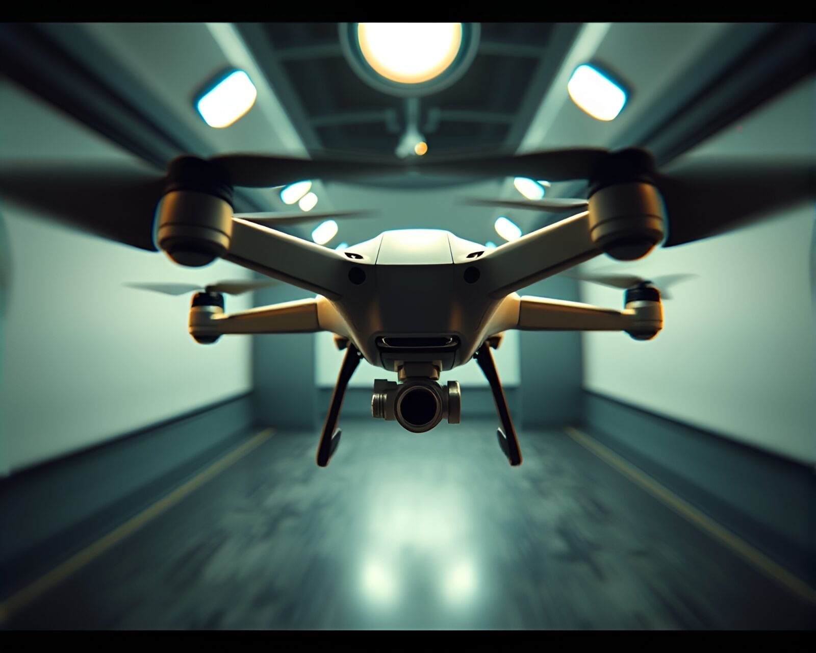 Intense red and green lights illuminate flying drone in 3D