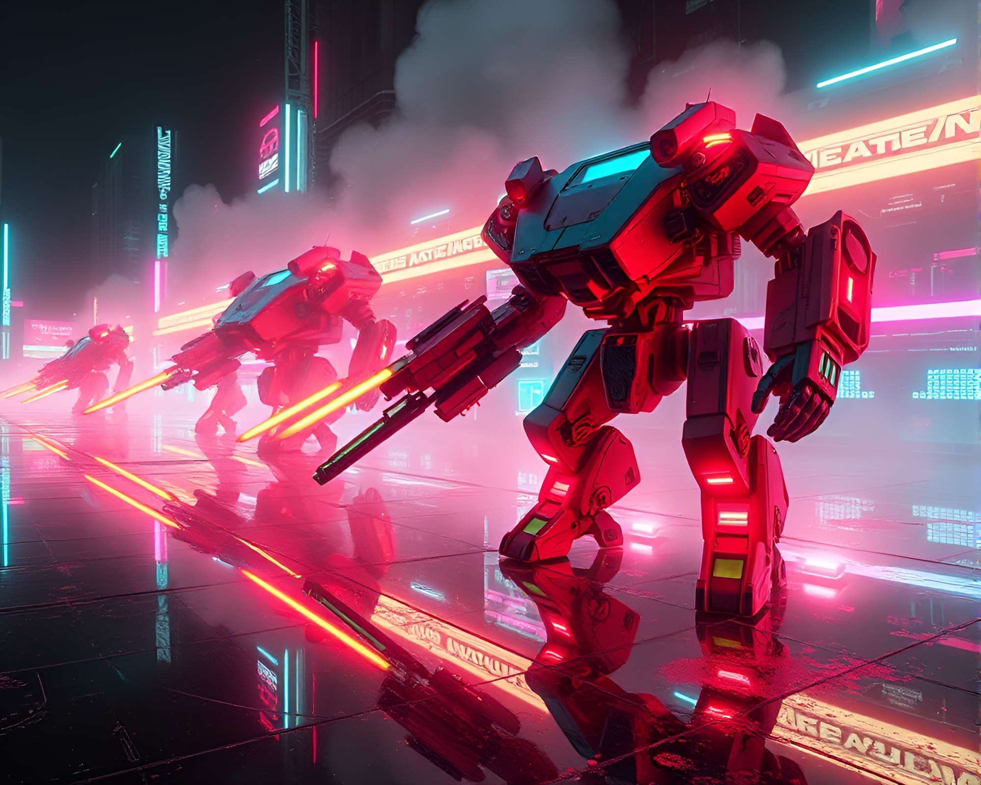 Neon Reflections: Battle Mech Surrealism – free AI stock image