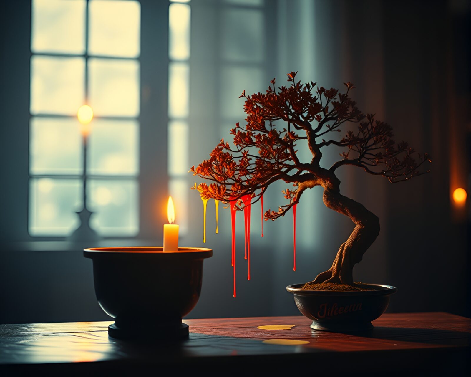 Abstract bonsai tree with dripping spray paint, VHS distortion