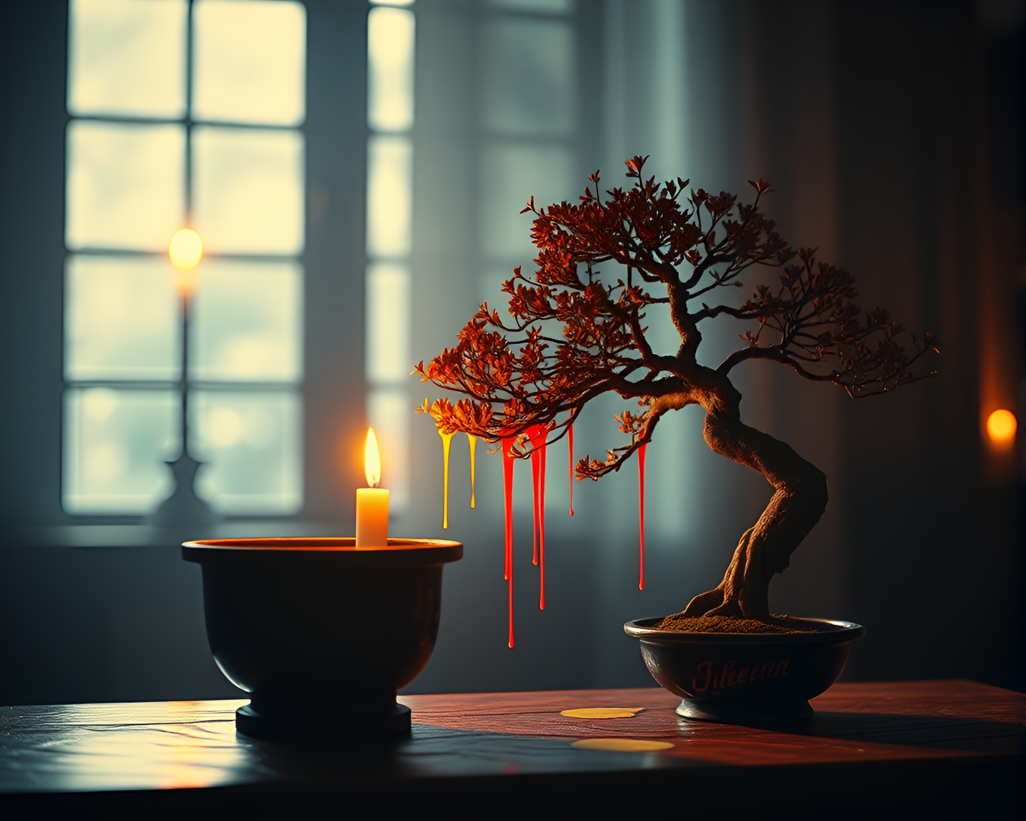Serene Bonsai Tree Candlelit VHS Art – free AI stock image