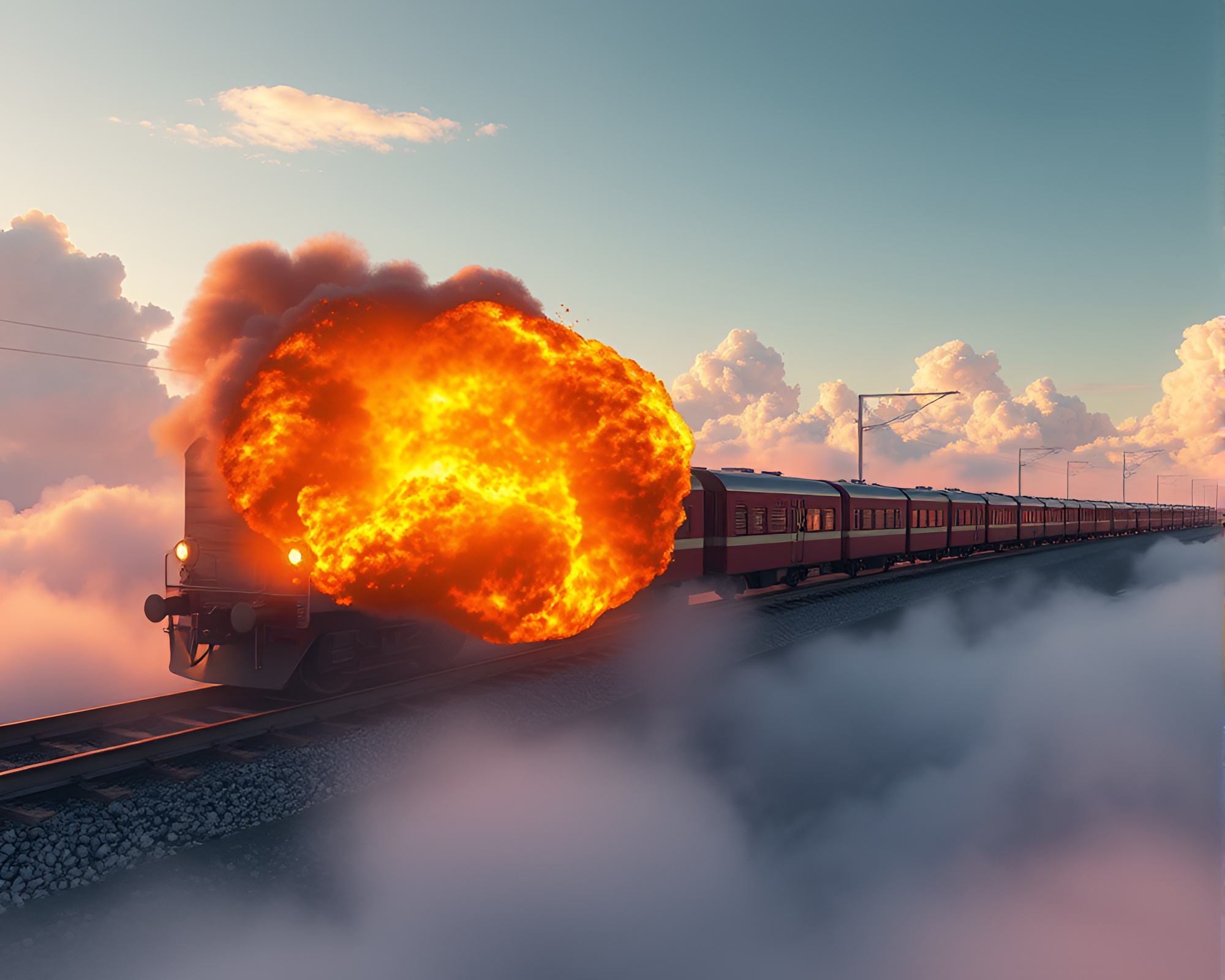 Fiery Train Explosion Cloud in Soft Shadows – free AI stock image