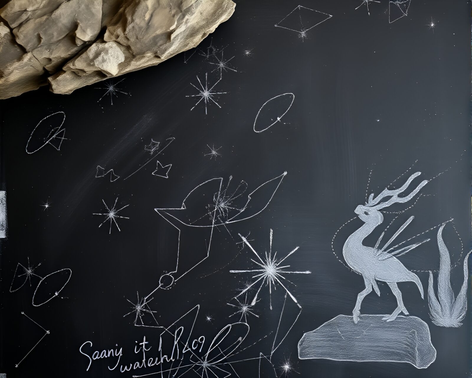 Chalkboard cave painting with CRT flicker and bio-organic elements