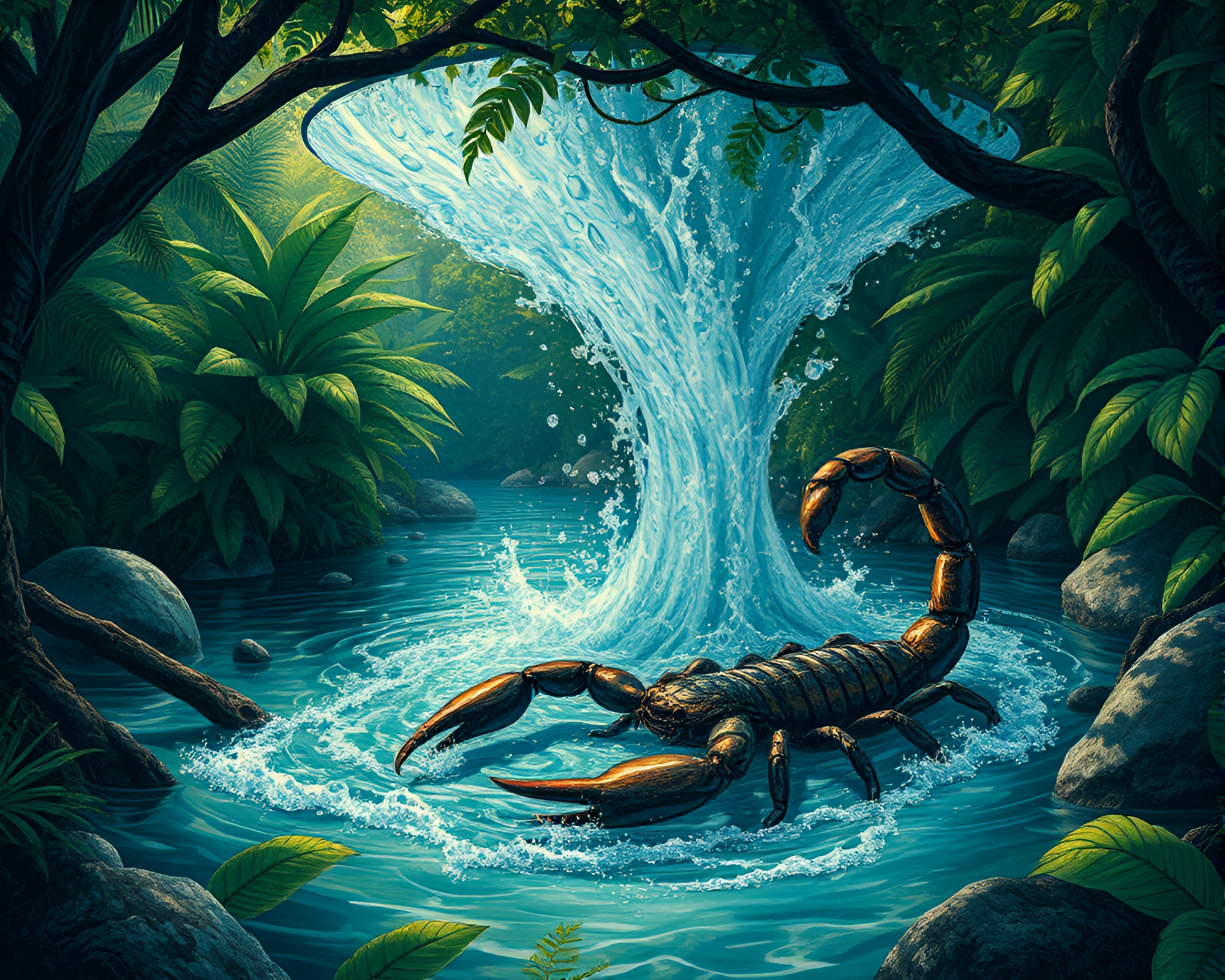 Scorpion in Jungle Canopy Shade Water Whirlpool Pointillism – free AI stock image