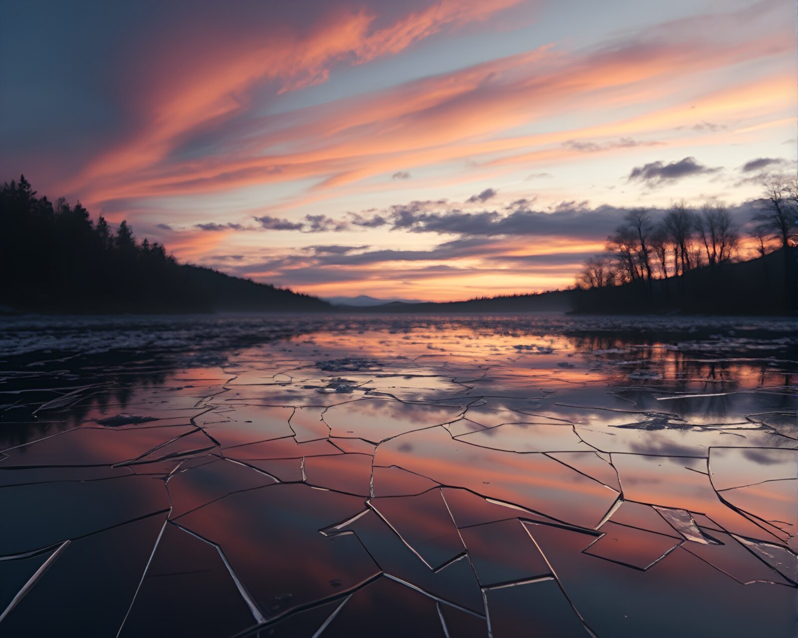 Ethereal twilight over a savage river with broken glass reflections