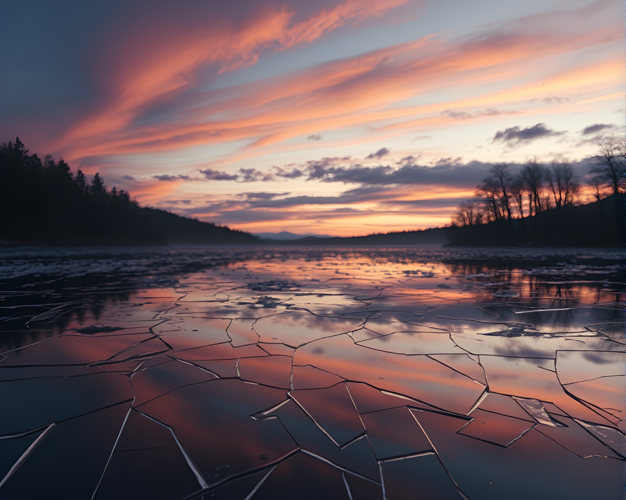 Savage River Dusk: Reflected Broken Glass AI Art – free AI stock image