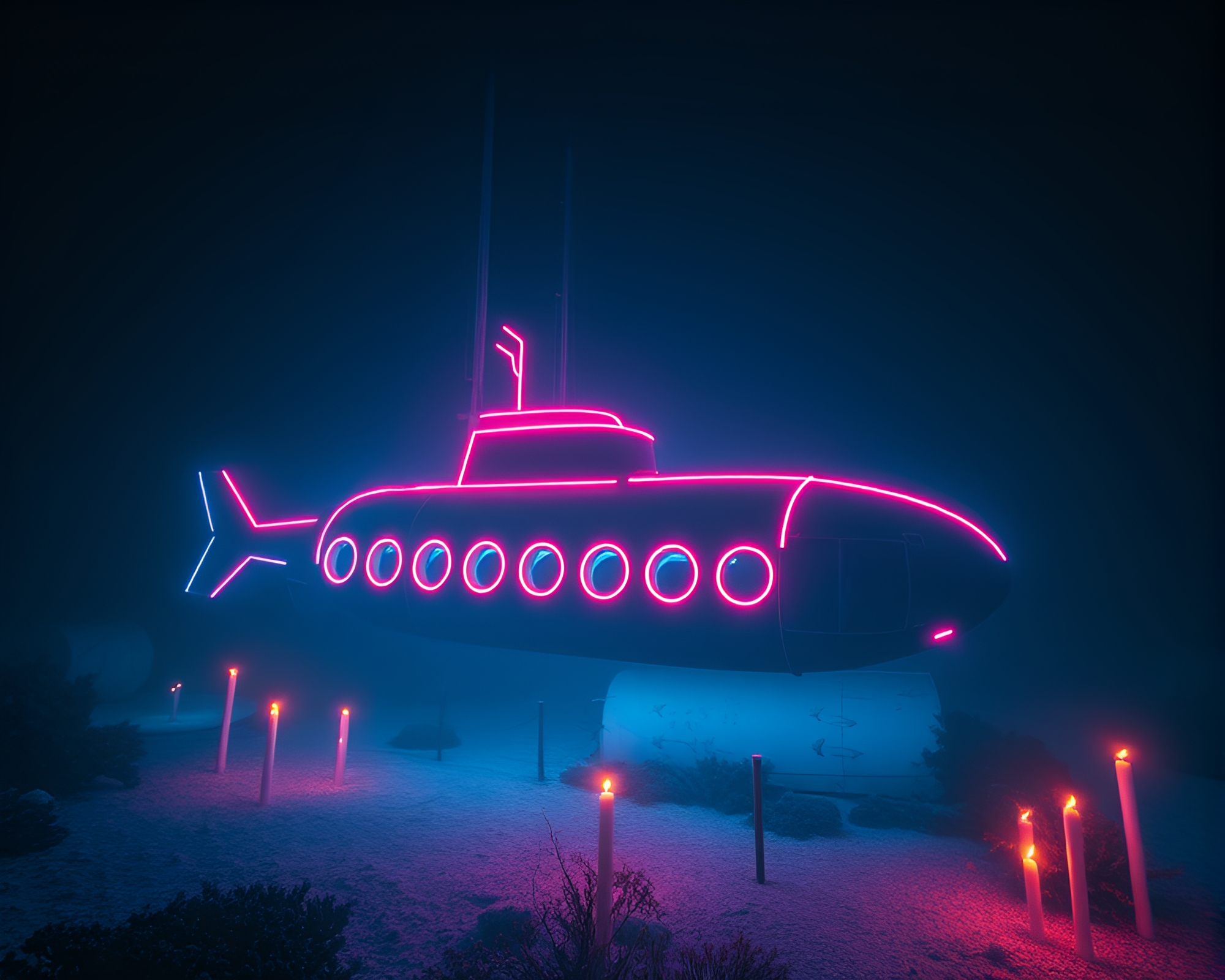 Neon Wireframe Submarine in Infrared Candlelit Abyss – free AI stock image