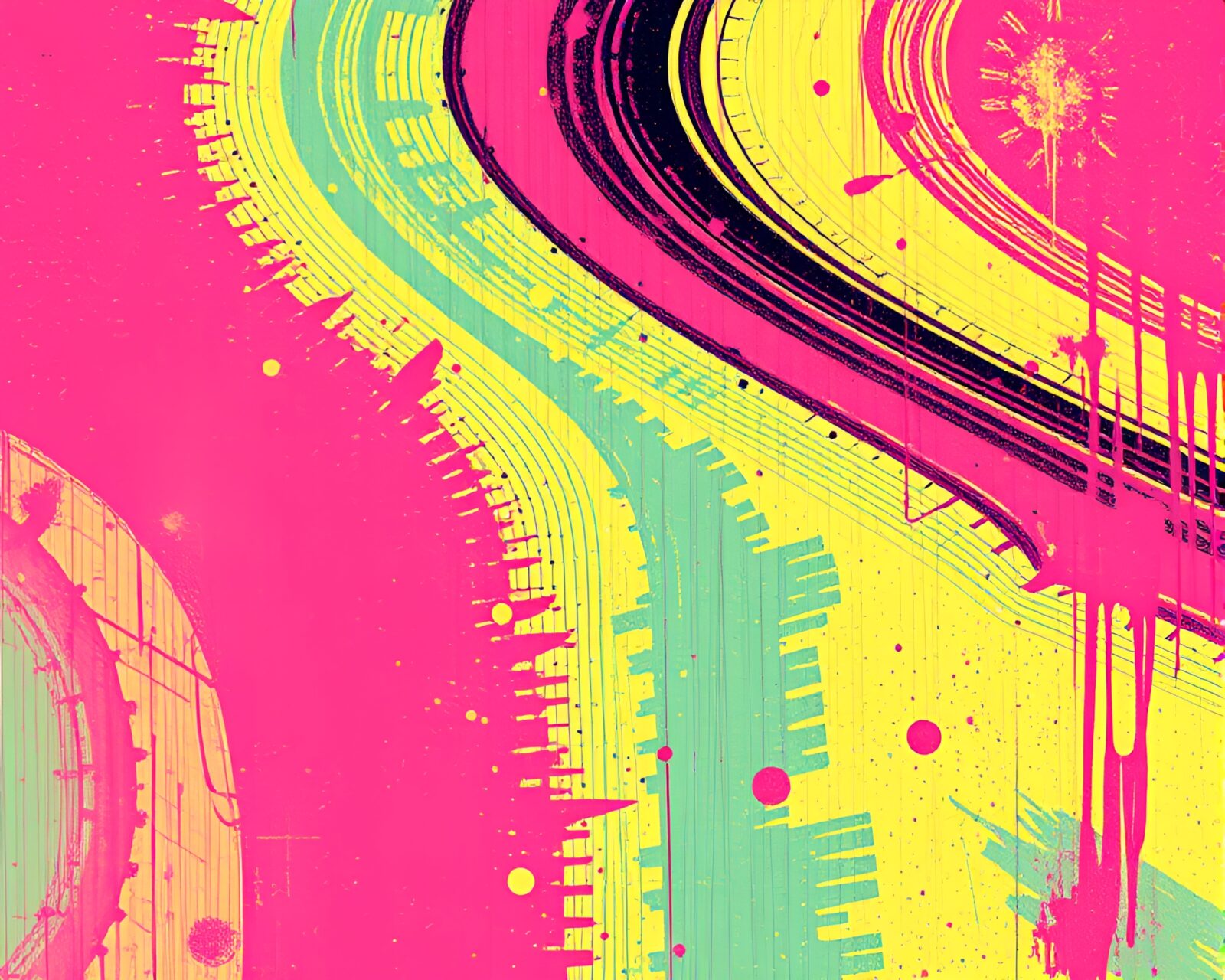 Vibrant paint splatter palette illuminating intricate crosshatched grid
