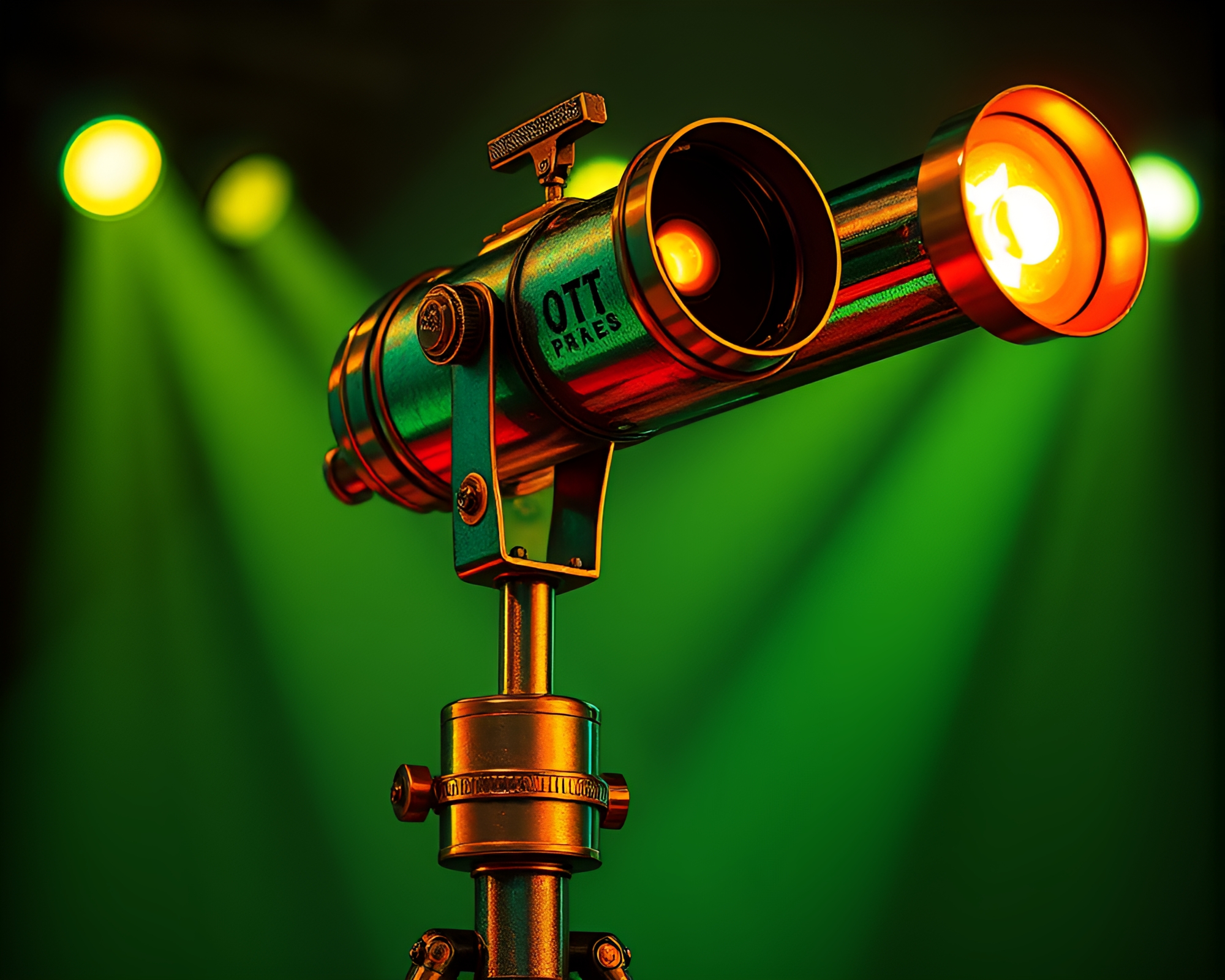 Brass telescope on concert stage under copper verdigris lights – free AI stock image