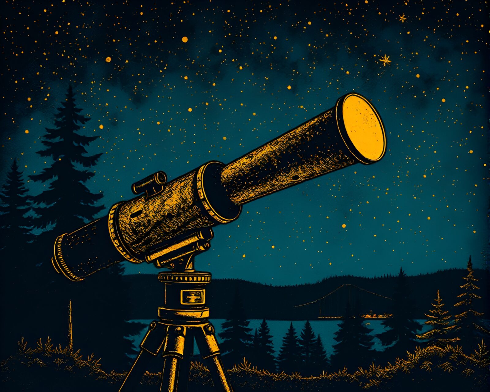 Intricate woodcut print of bioluminescent telescope with gilded accents