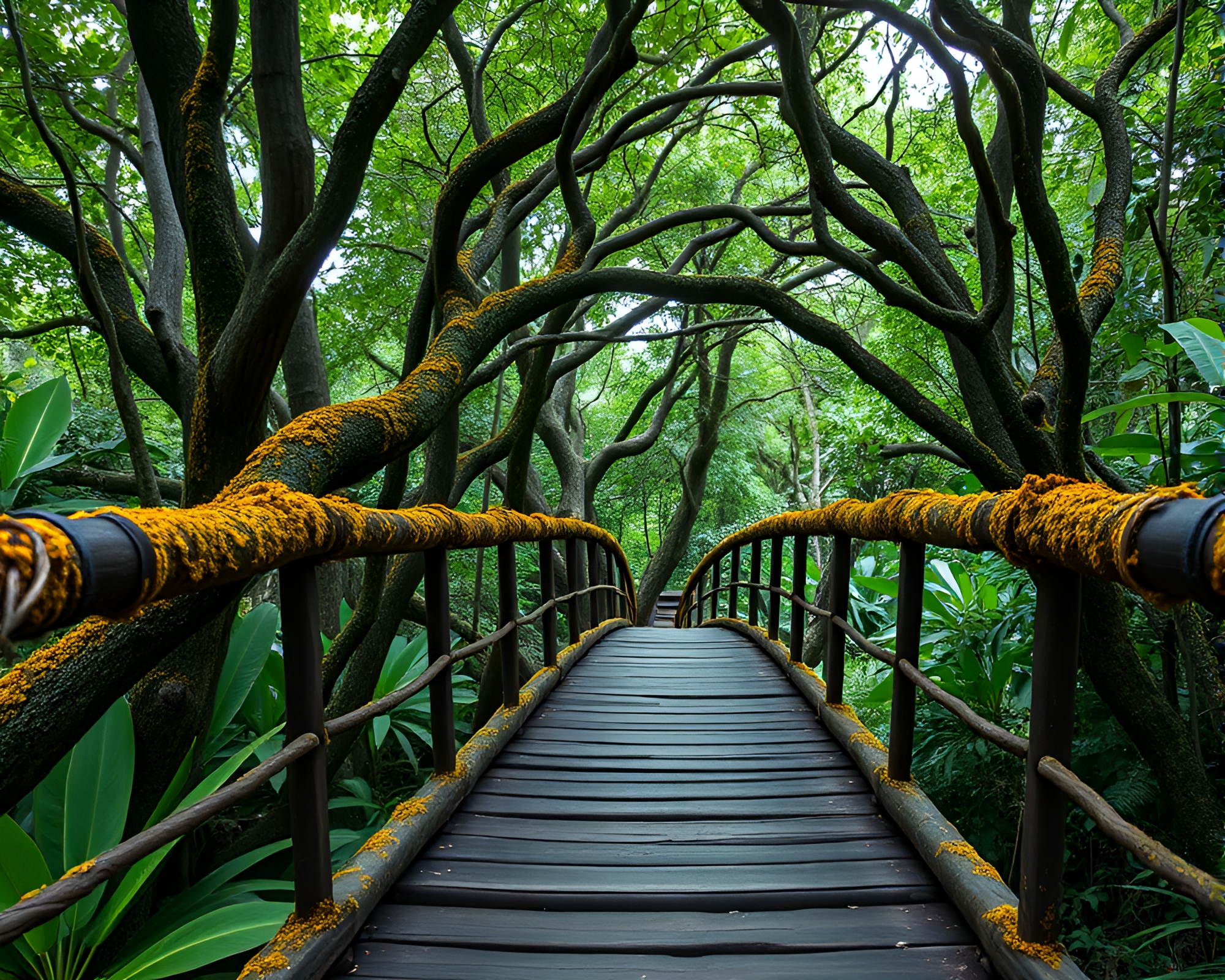 Lichen-Covered Wooden Bridge in Jungle Canopy – free AI stock image