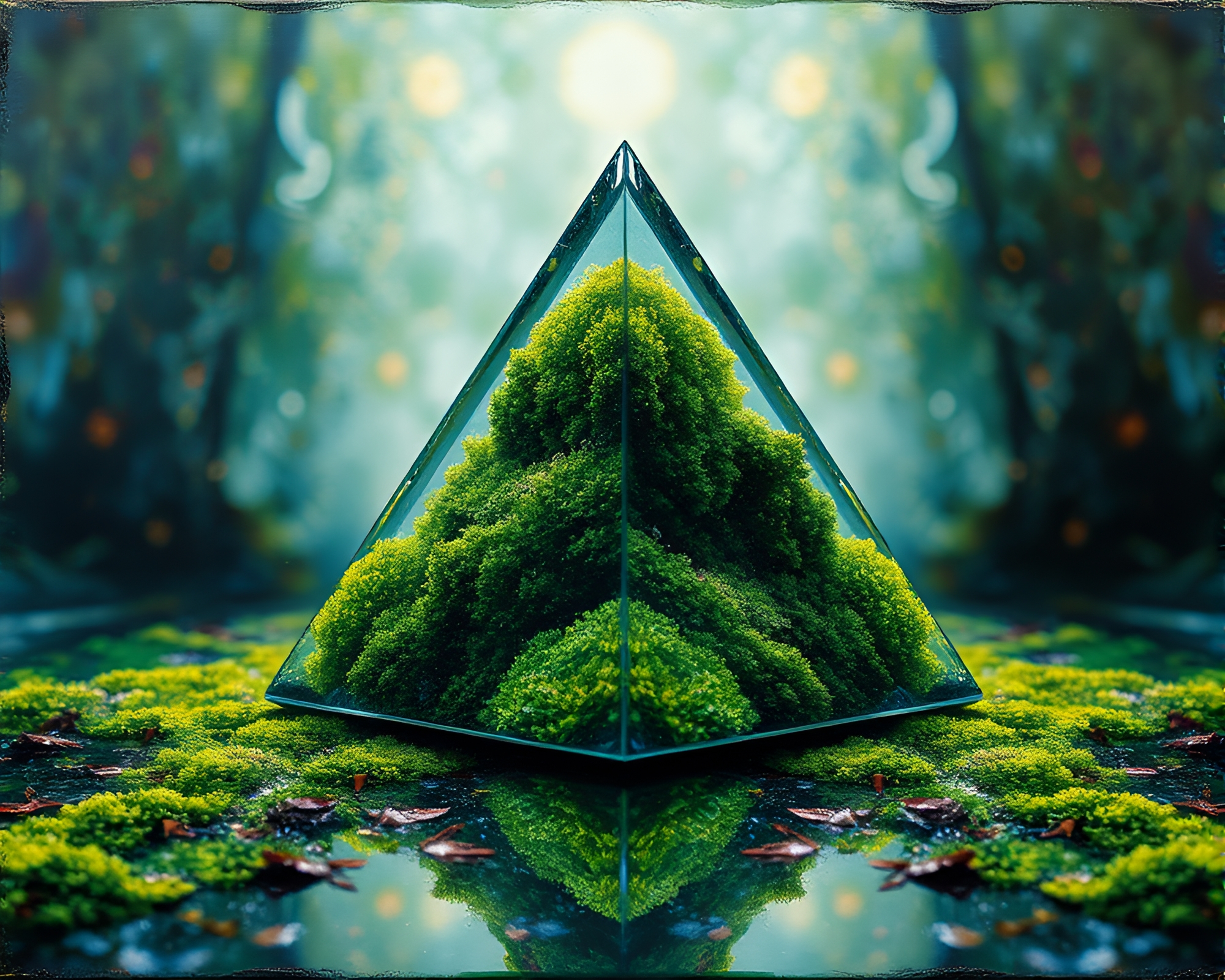 Mystical Glass Pyramid Enveloped in Luminous Moss – free AI stock image