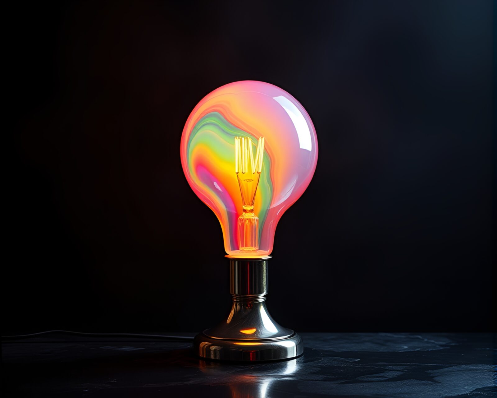 Vibrant rainbow hues reflected in sleek oil-slicked lamp
