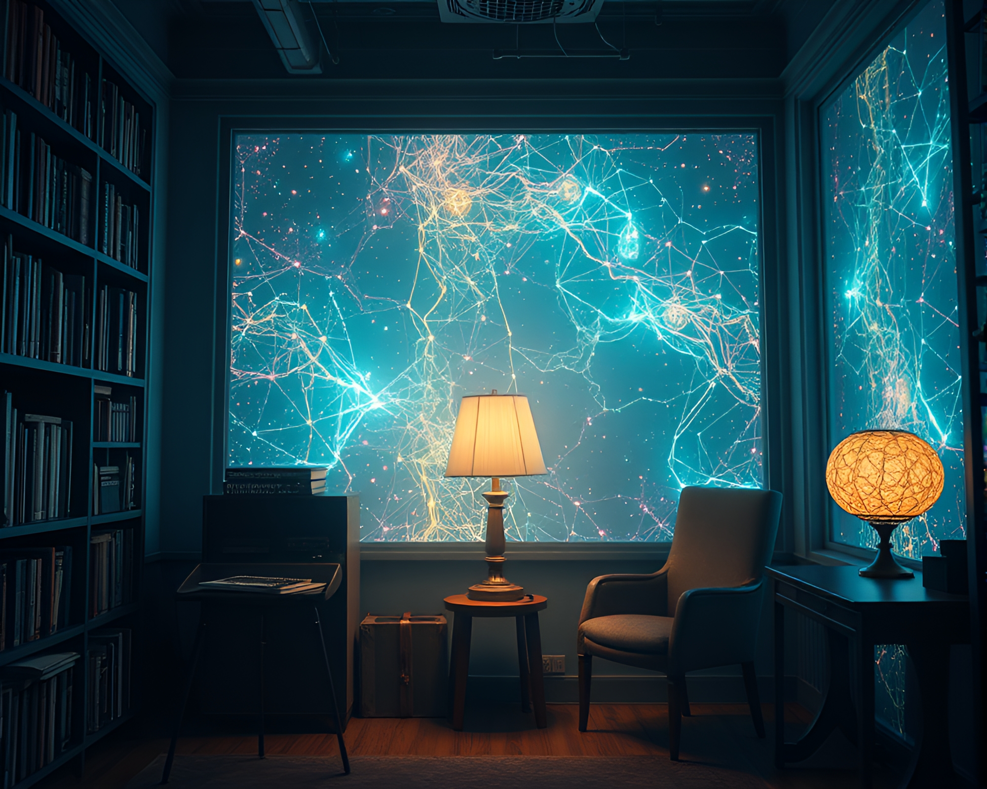 Surreal Dreamscape: Library Lamp Illumination – free AI stock image