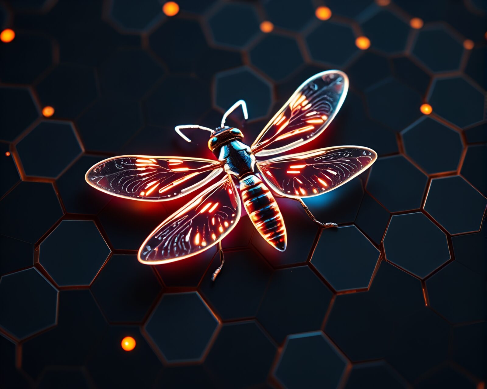 Hexagonal tiling with circuit board pattern glowing in firefly light