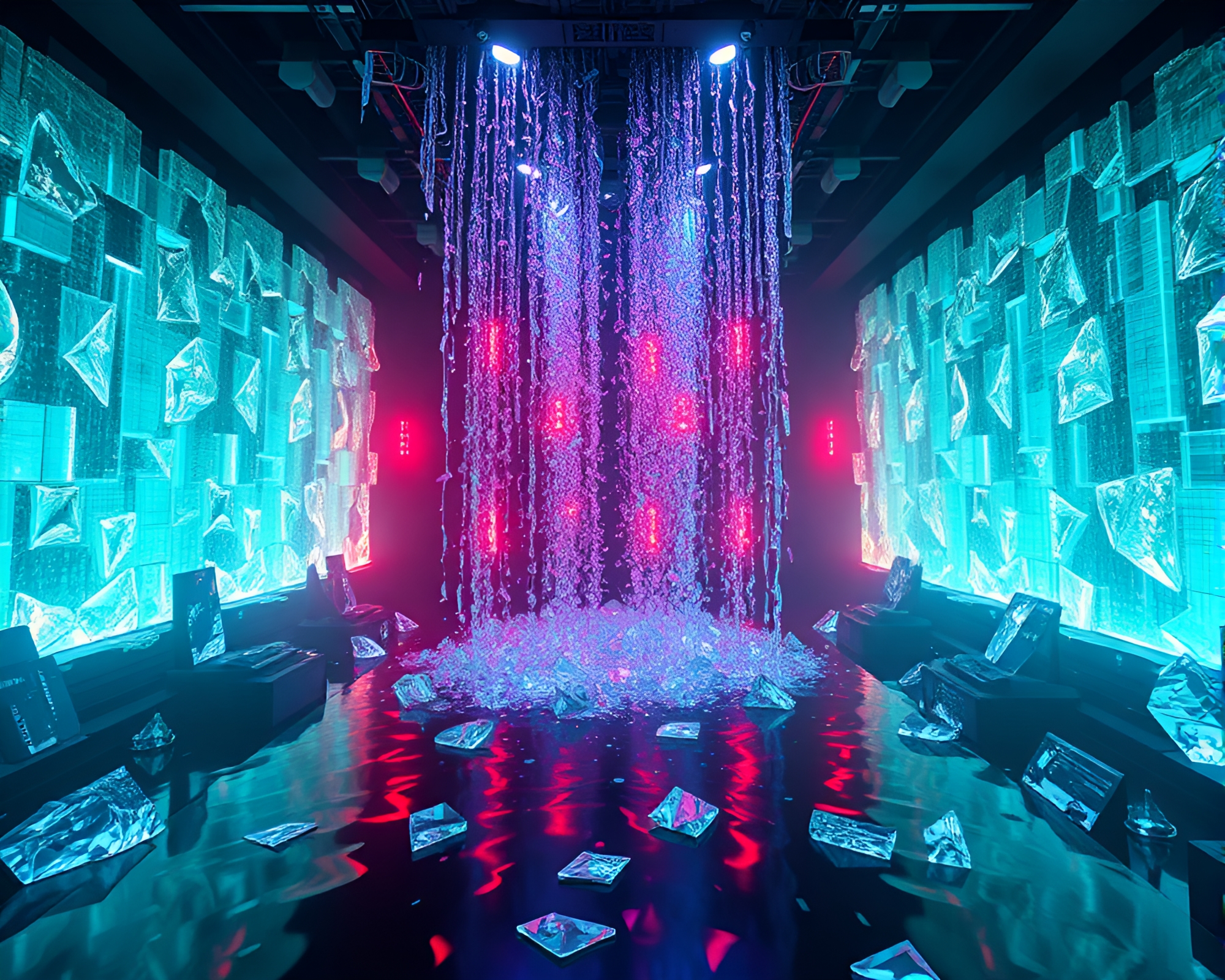 Glass Shards Waterfall in Strobe Lights Voxel Art – free AI stock image