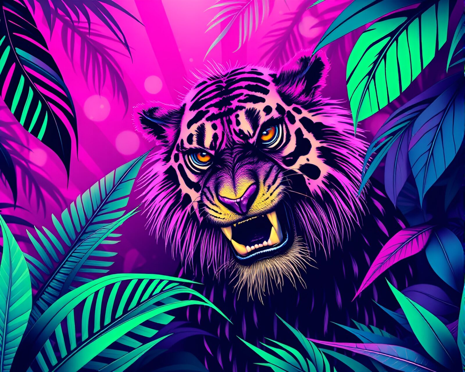 Vibrant jungle scene with halftone patterned details and neon lights