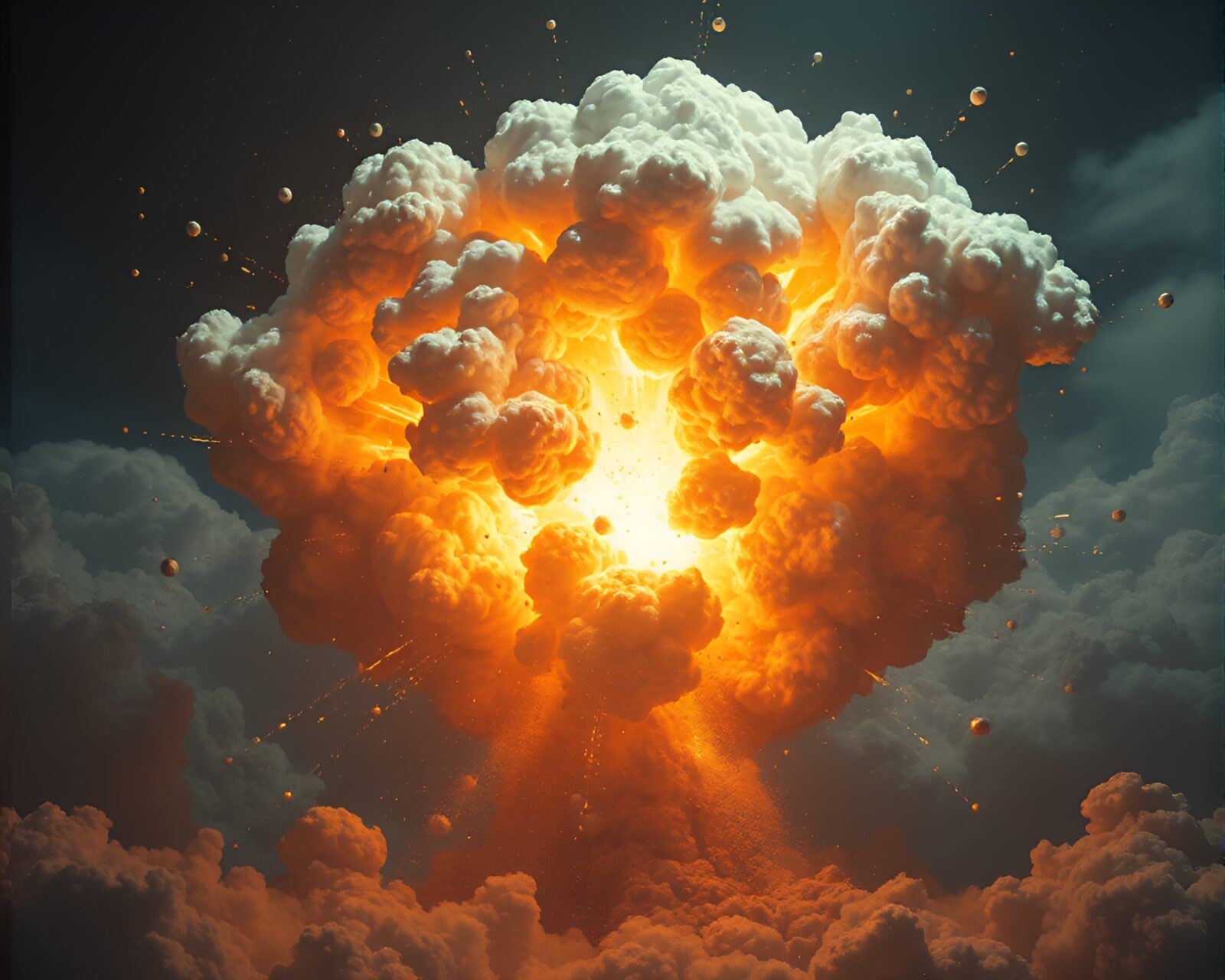 Gleaming metal mech in fierce battle amidst explosion clouds