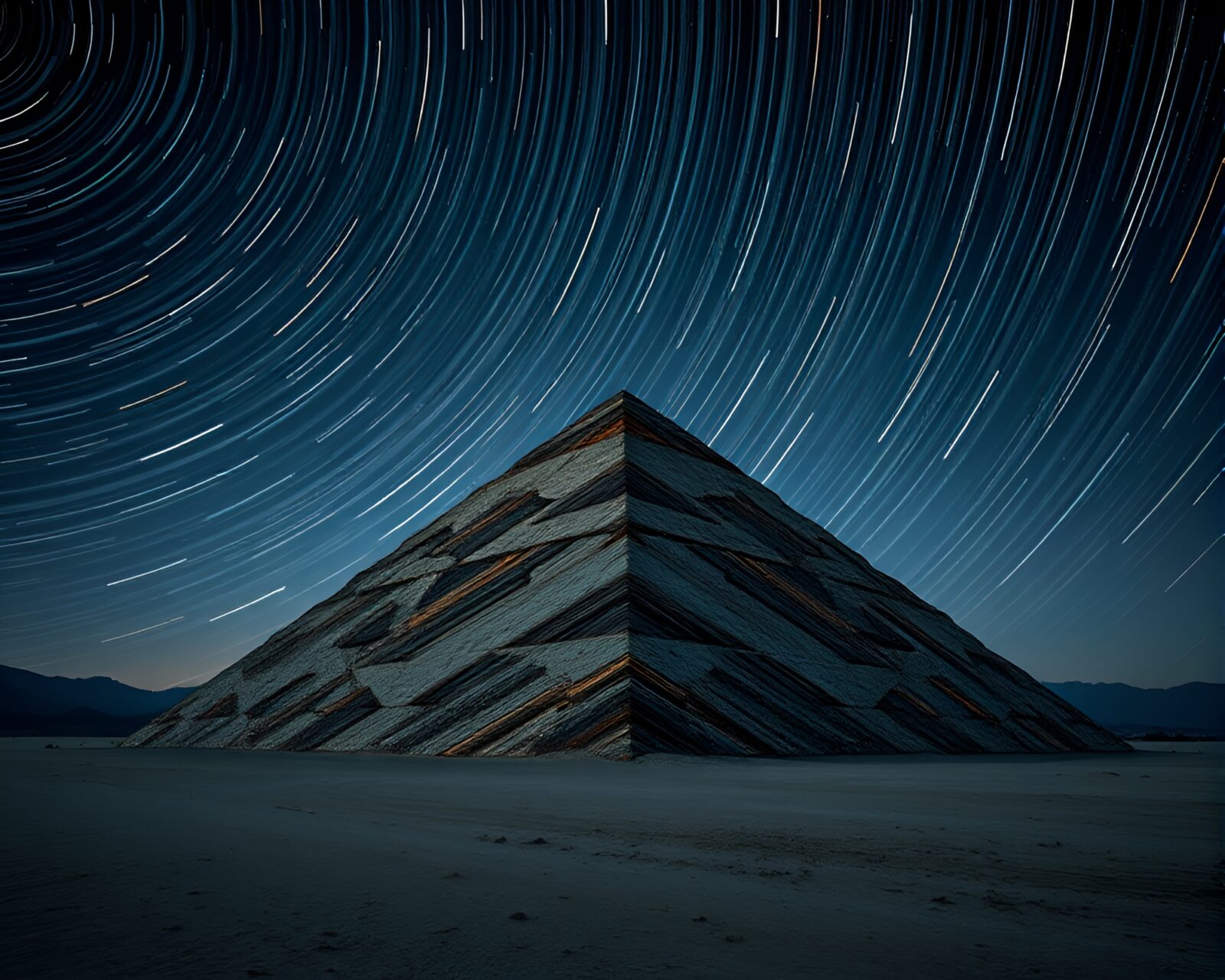 Vivid matte painting of star trails above mystical pyramid