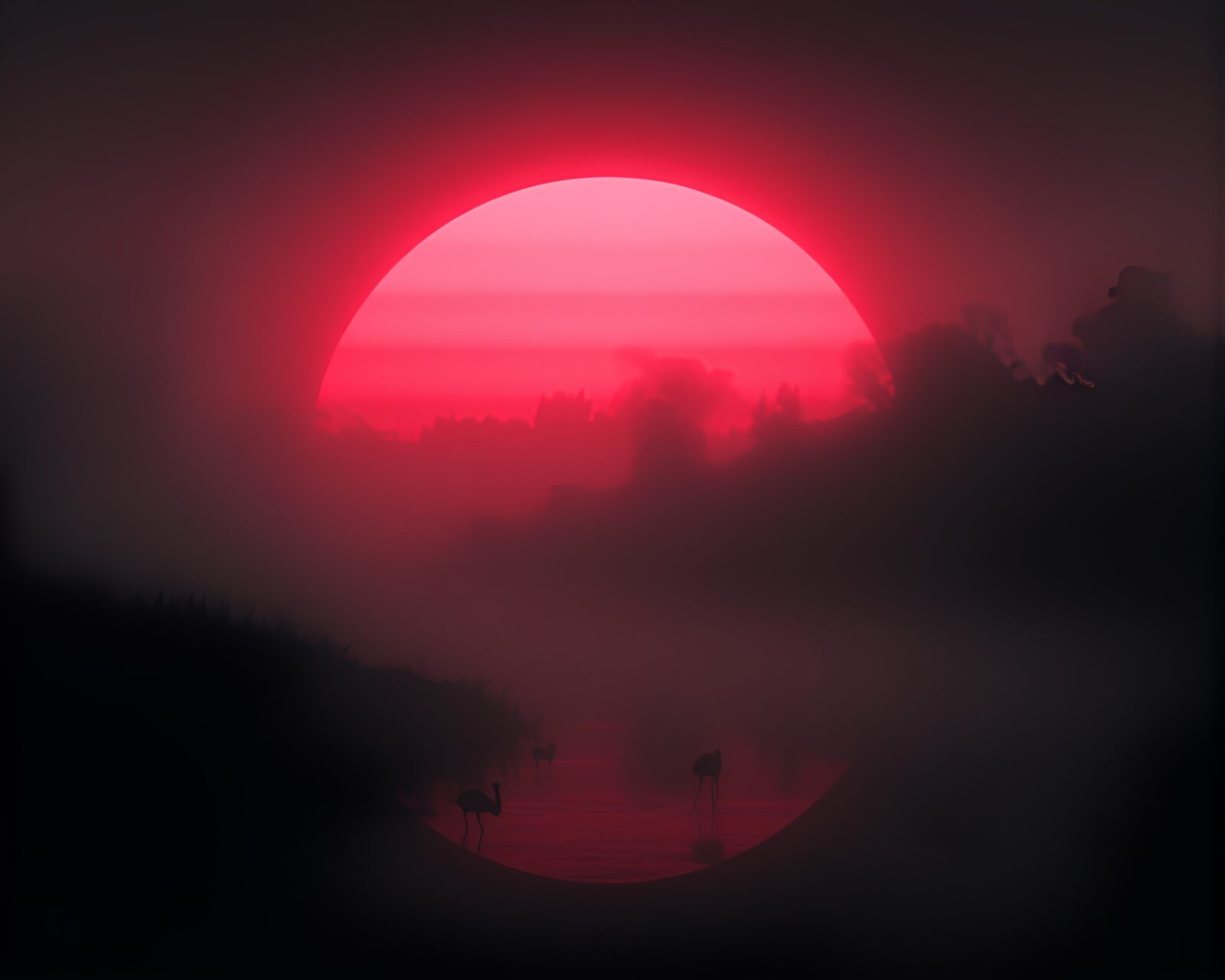 Surreal flamingo surrounded by glitch artifacts in misty sunrise