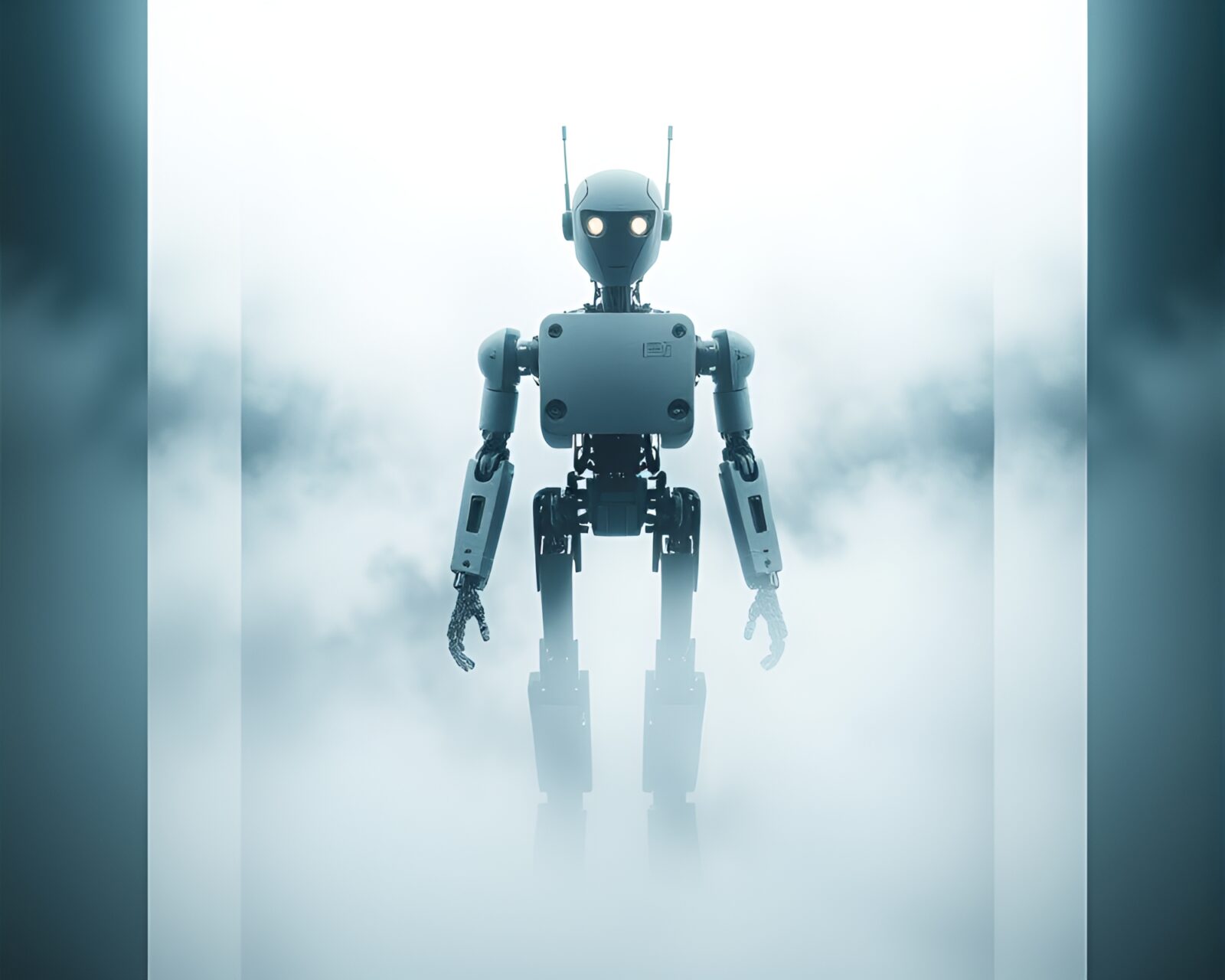 Misty air surrounds a generative robot in unique composition