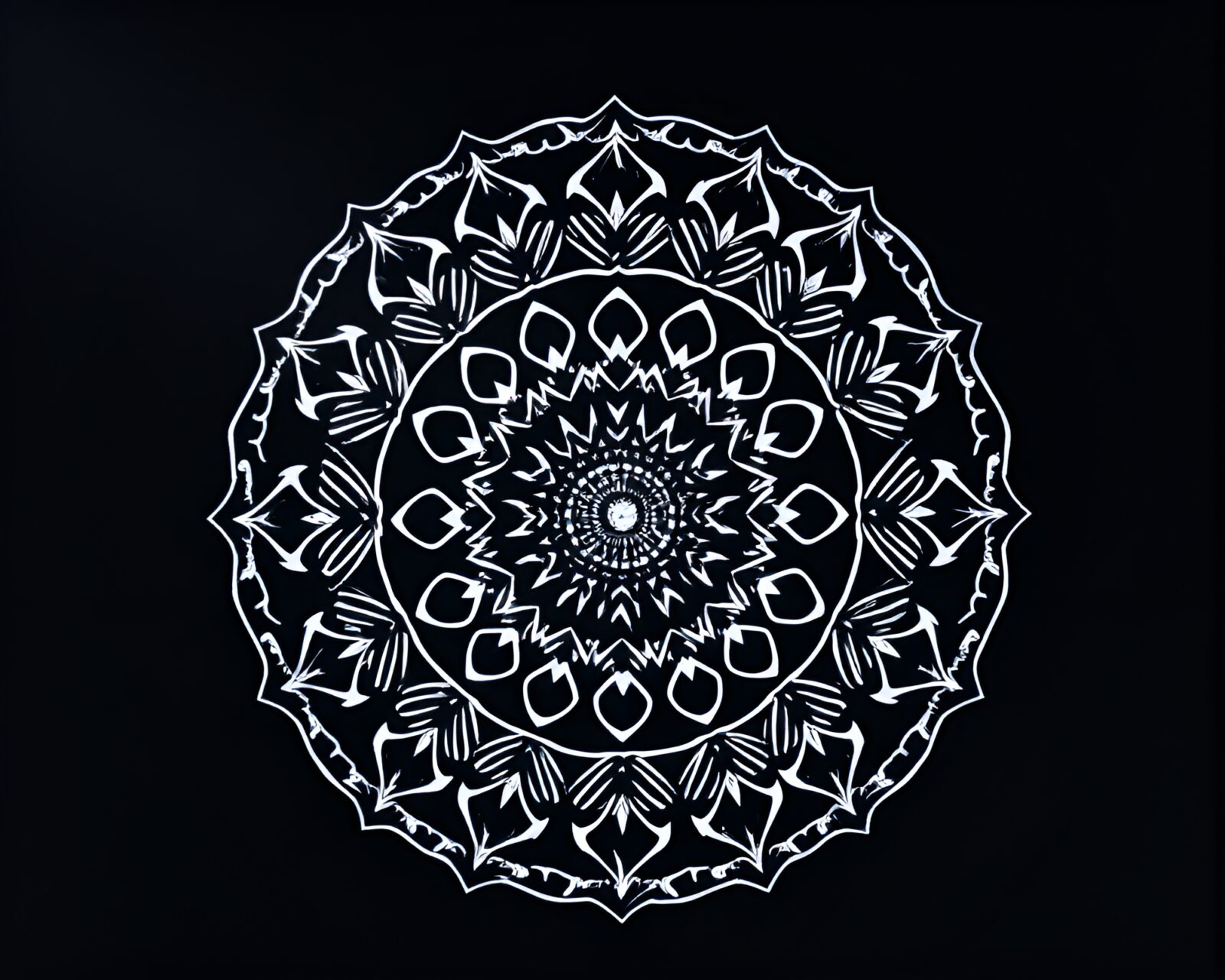 Intricate mandala design illuminated by swirling light trails in a spotlight focus