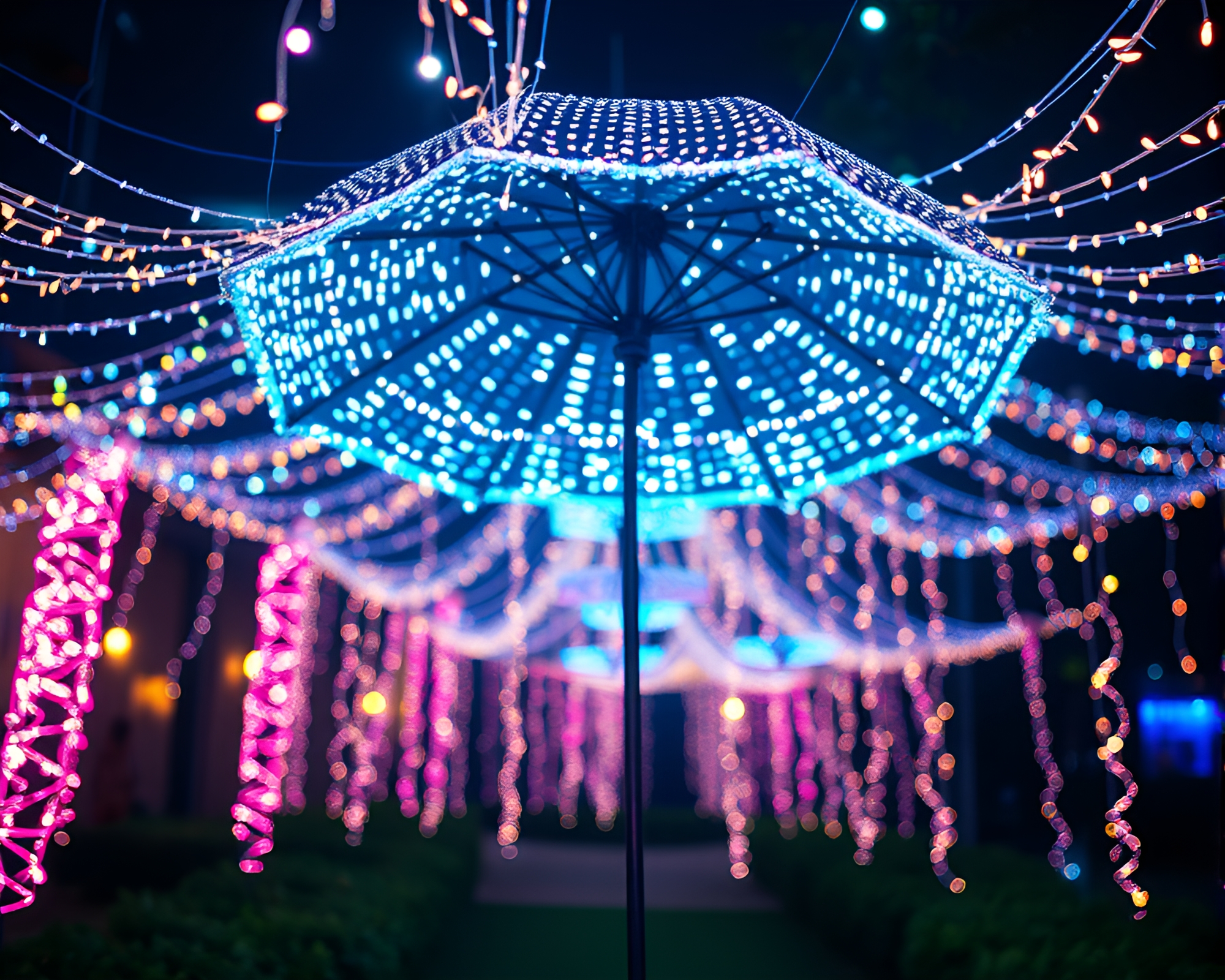 Vibrant Neon Umbrella Sparkler Night Scene – free AI stock image