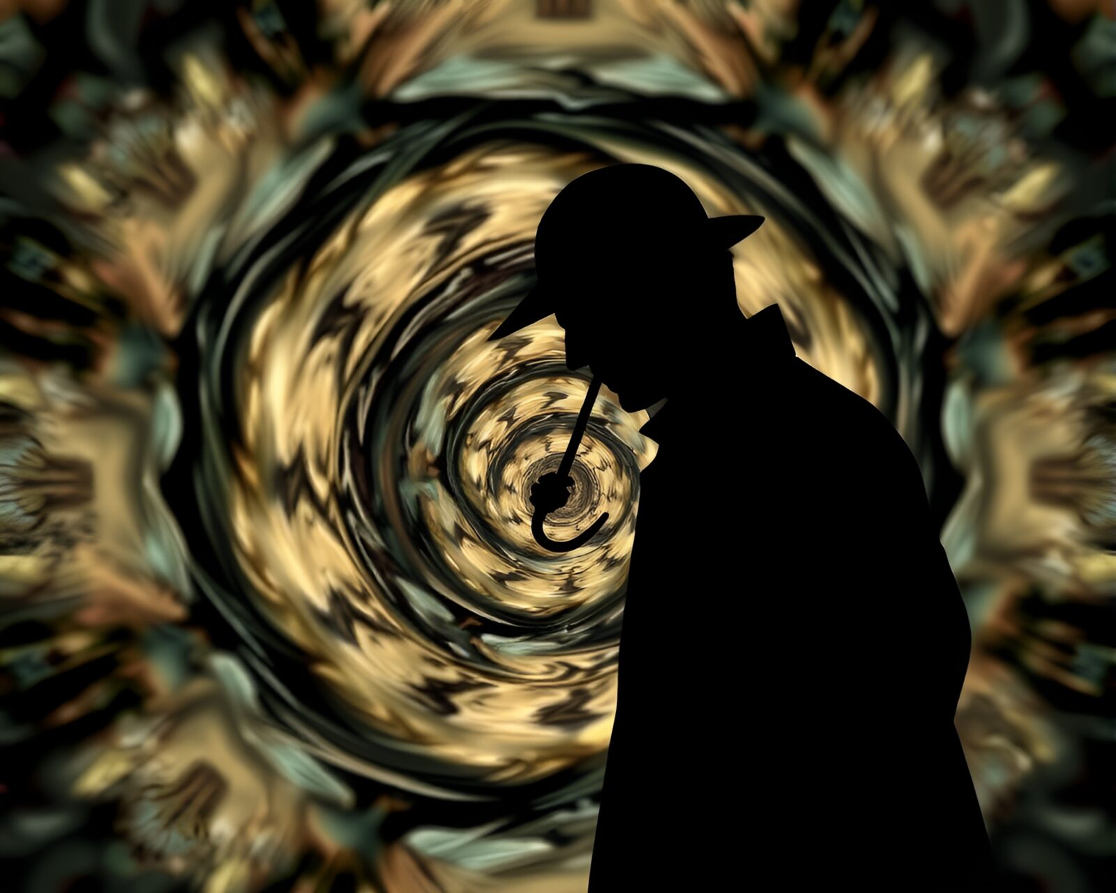 Mysterious silhouette of Sherlock Holmes in kaleidoscope vortex
