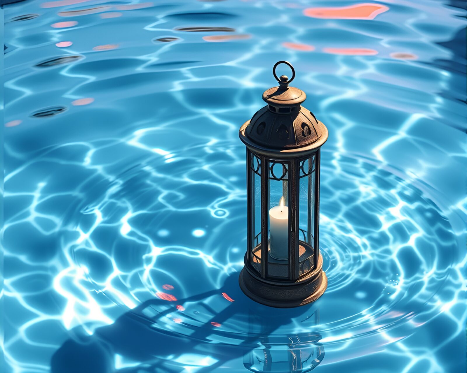 Mystical amethyst-hued scene of swirling water and glowing lantern