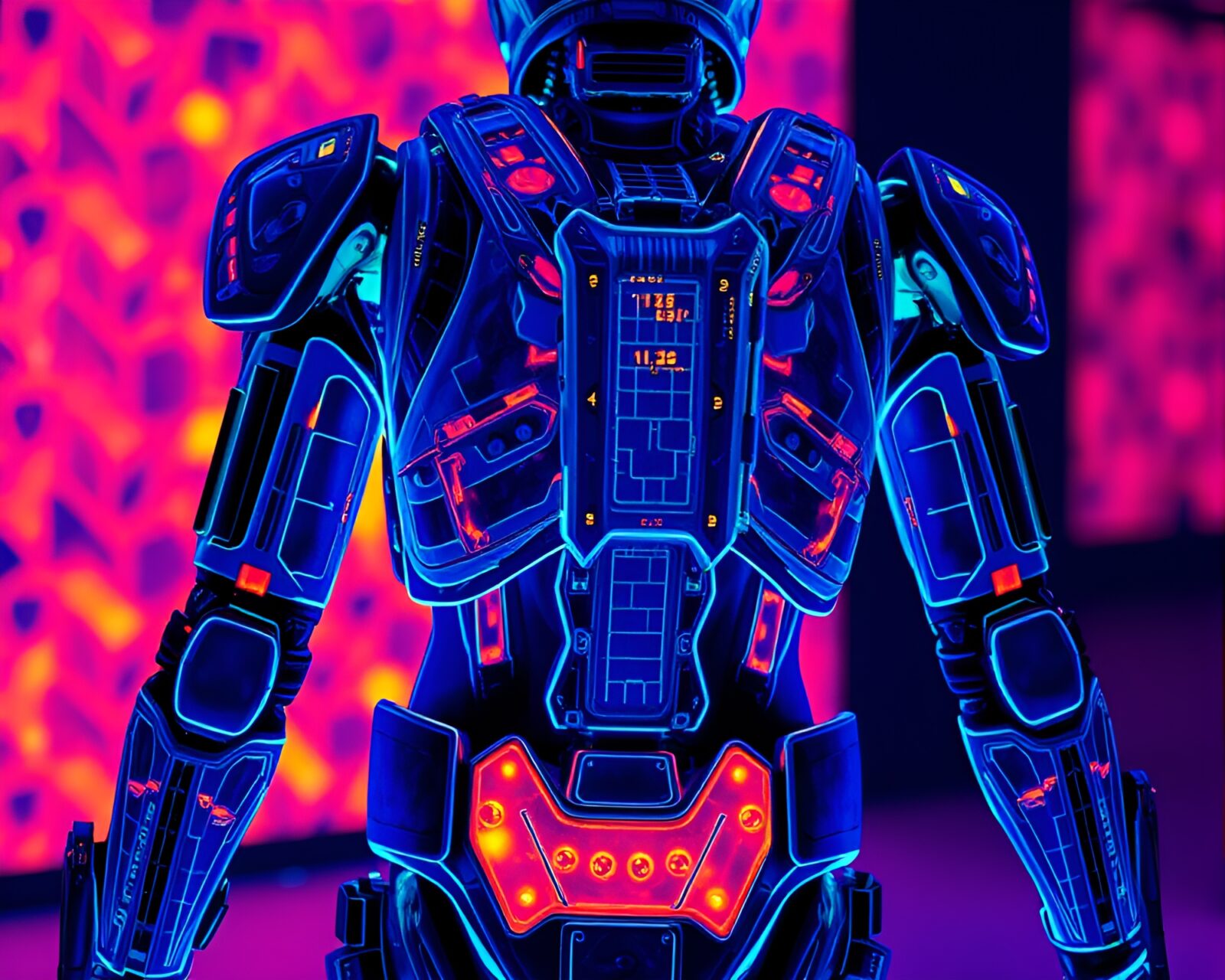 Thermal image of futuristic exoskeleton suit in shadowy noir