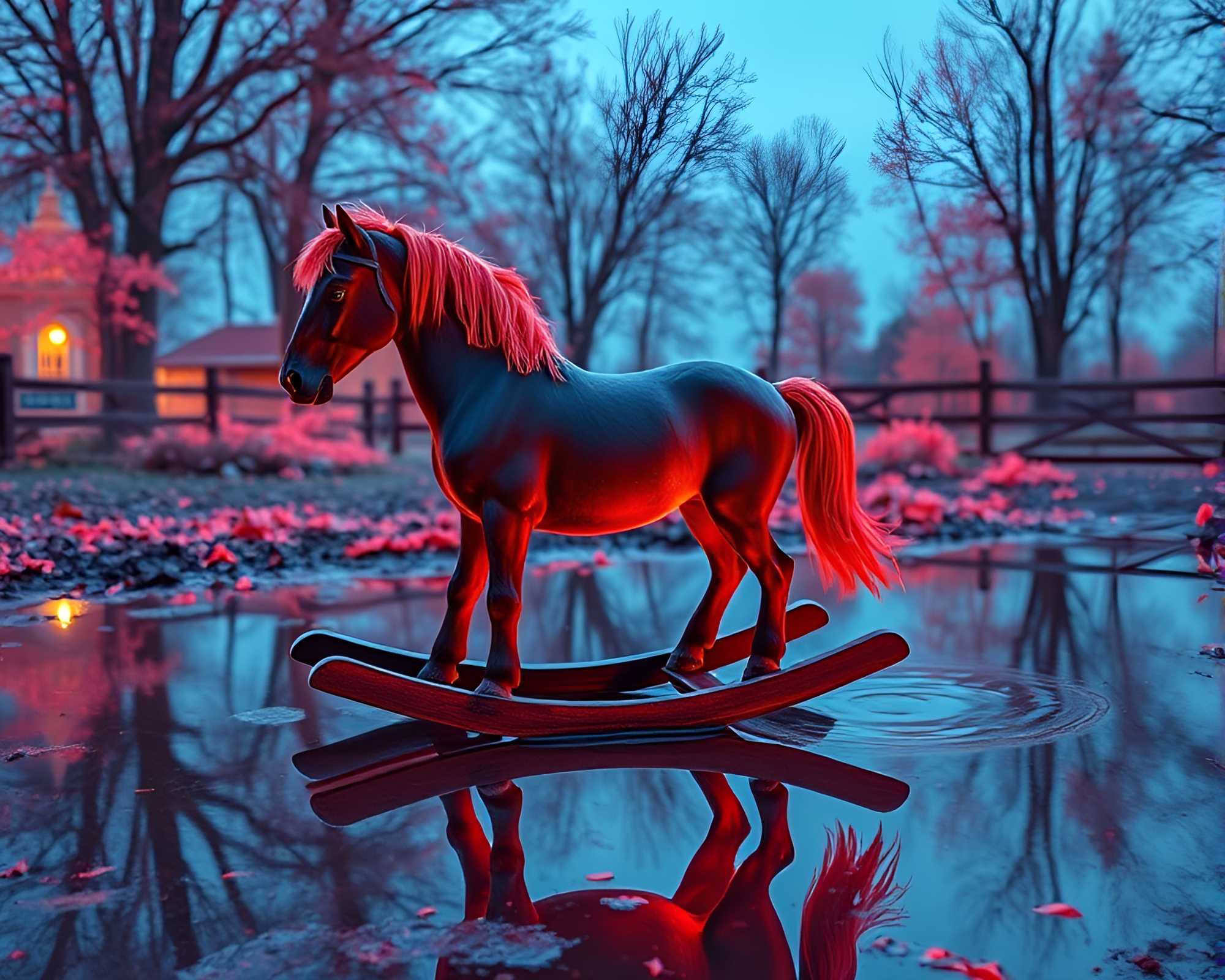 Spectral Wooden Rocking Horse Reflecting in Puddle – free AI stock image