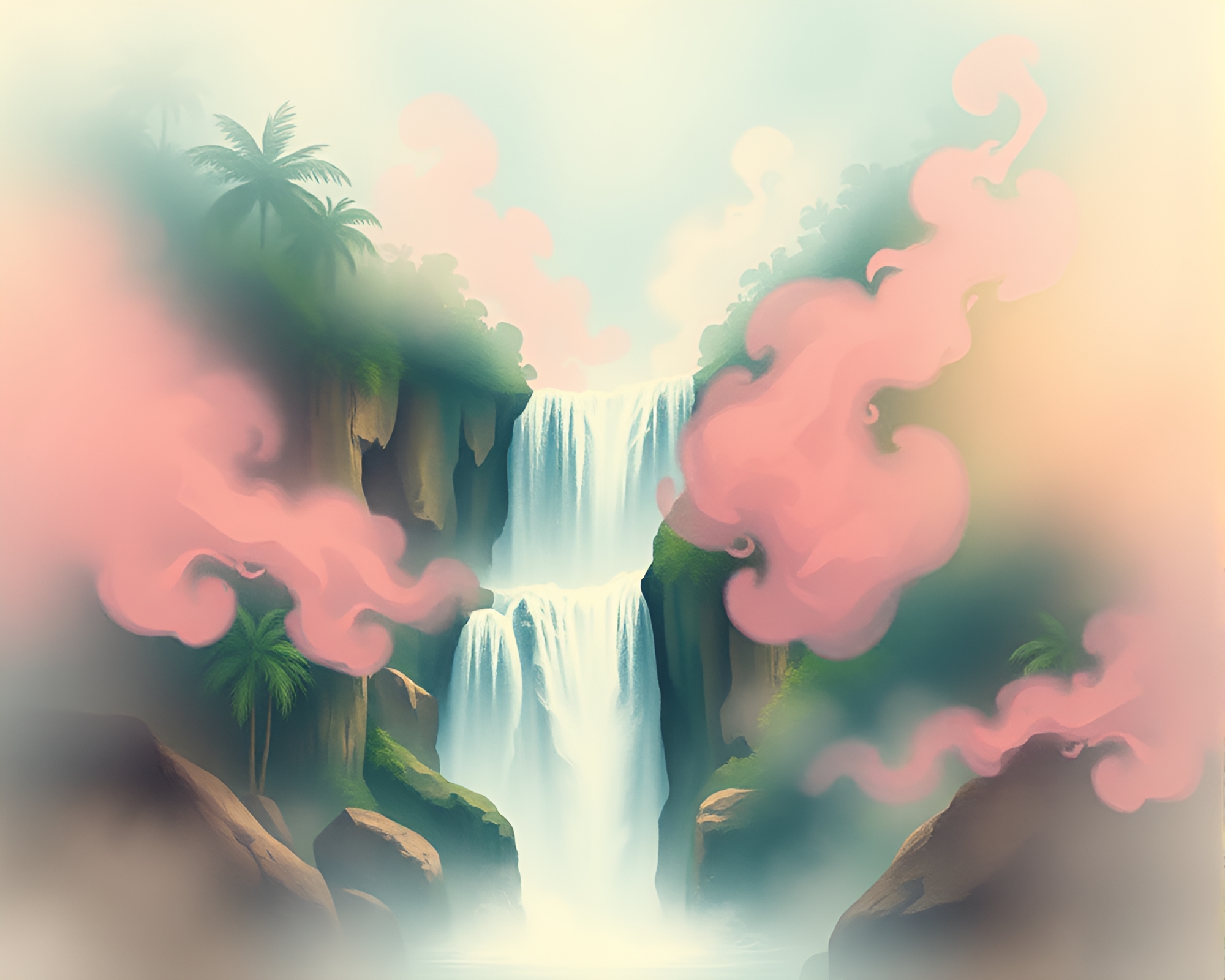 Tropical Waterfall Pastel Smoke Swirl Drawing – free AI stock image