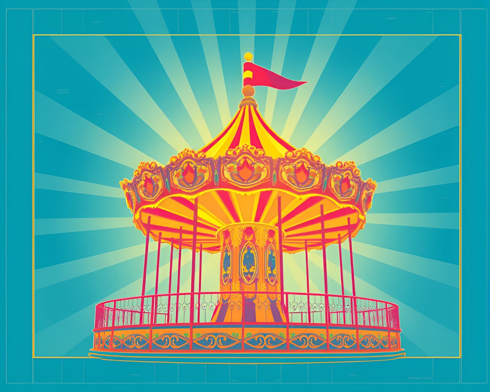Blueprint style image of circus carousel surrounded by warm sunbeam rays