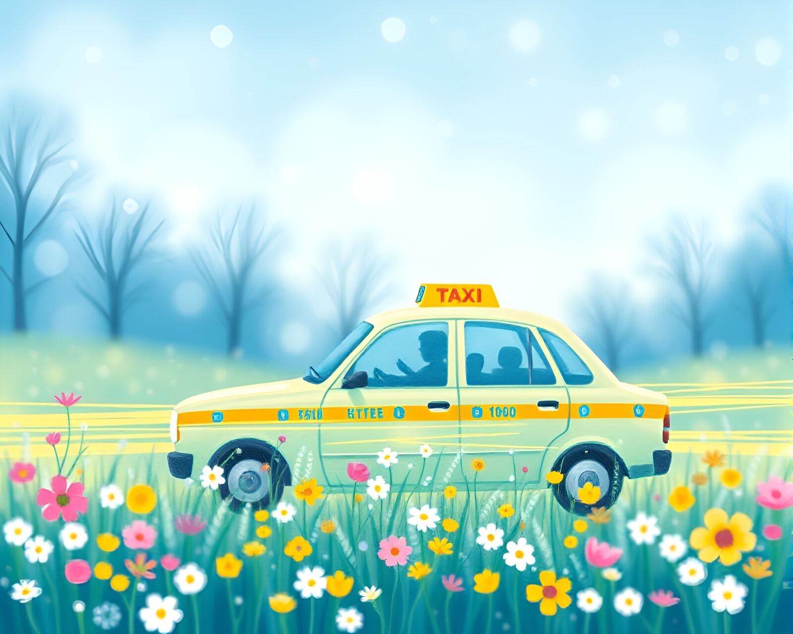 Children's book illustration of taxi streaking through blue meadow