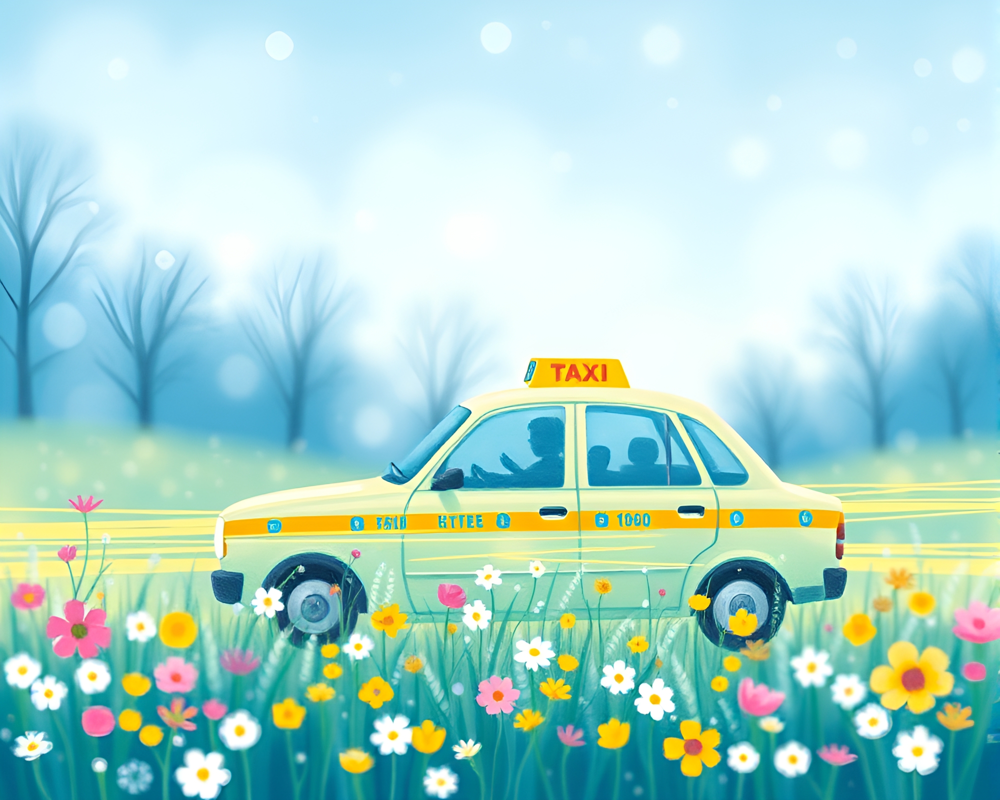 Taxi Through Arctic Blue Flowering Meadow – free AI stock image