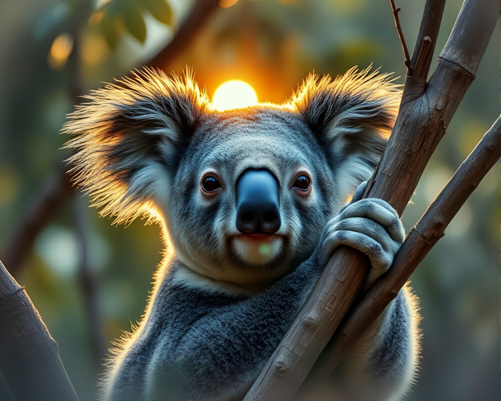 Vibrant watercolor painting of a koala under the lens sunburst